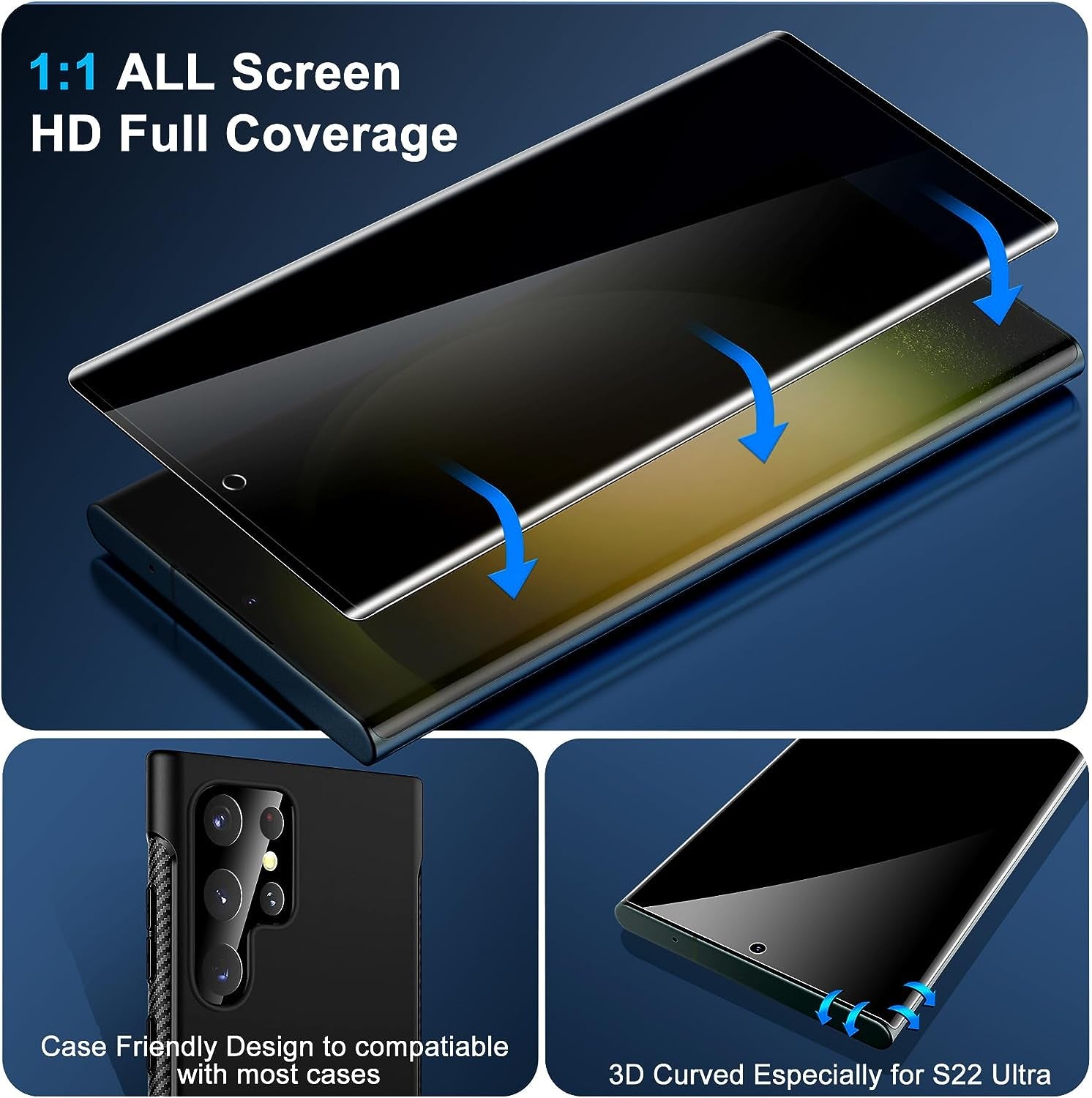 [2+2 Pack] Galaxy S22 Ultra Privacy Screen Protector, 9H Tempered Glass, Ultrasonic Fingerprint Support, 3D Curved, HD Clear Anti-Spy Film for Samsung S22 Ultra 5G Glass Screen Protector  Samcorn   