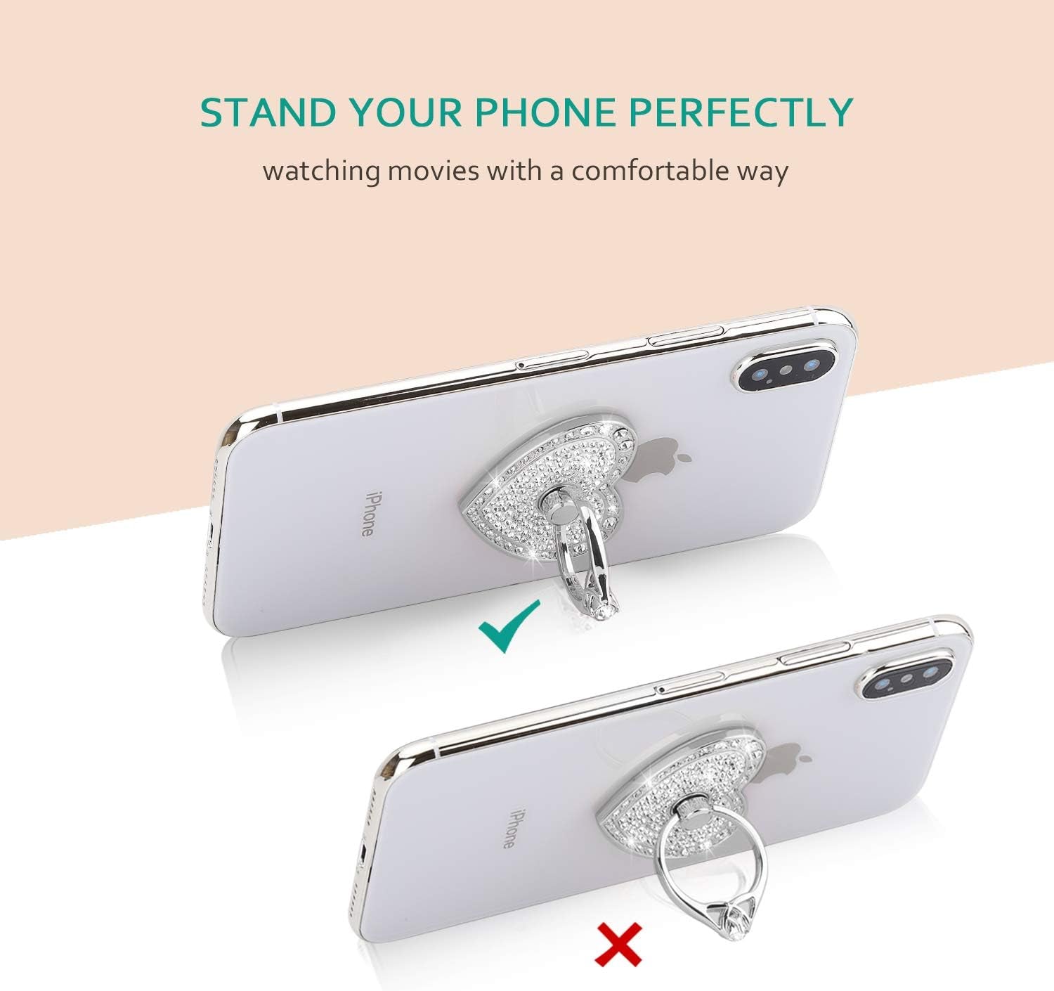 Cell Phone Finger Ring Stand with Sparkly Diamond, Nsiucion Heart Phone Ring Kickstand Holder [Washable] [Removable], 360°Rotation Zinc Alloy Ring Grip Stand for All Phones and Tablets (Silver)  Nsiucion   