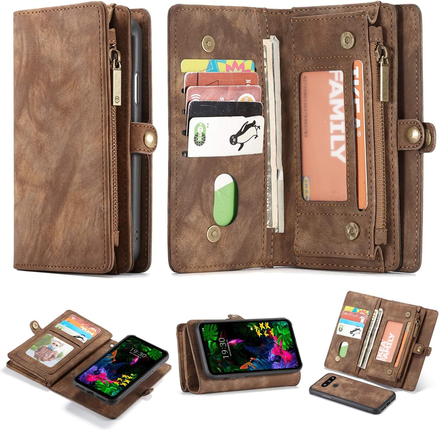 Simicoo LG G8 Thinq Leather Wallet Zipper Purse Detachable Card Slots Holder Flip Case Magnetic Wrist Strap Handle Shockproof Cover Pocket Wallet Handbag for LG G8 Thinq (Black, LG G8 Thinq)  Simicoo Brown Lg G8 Thinq 