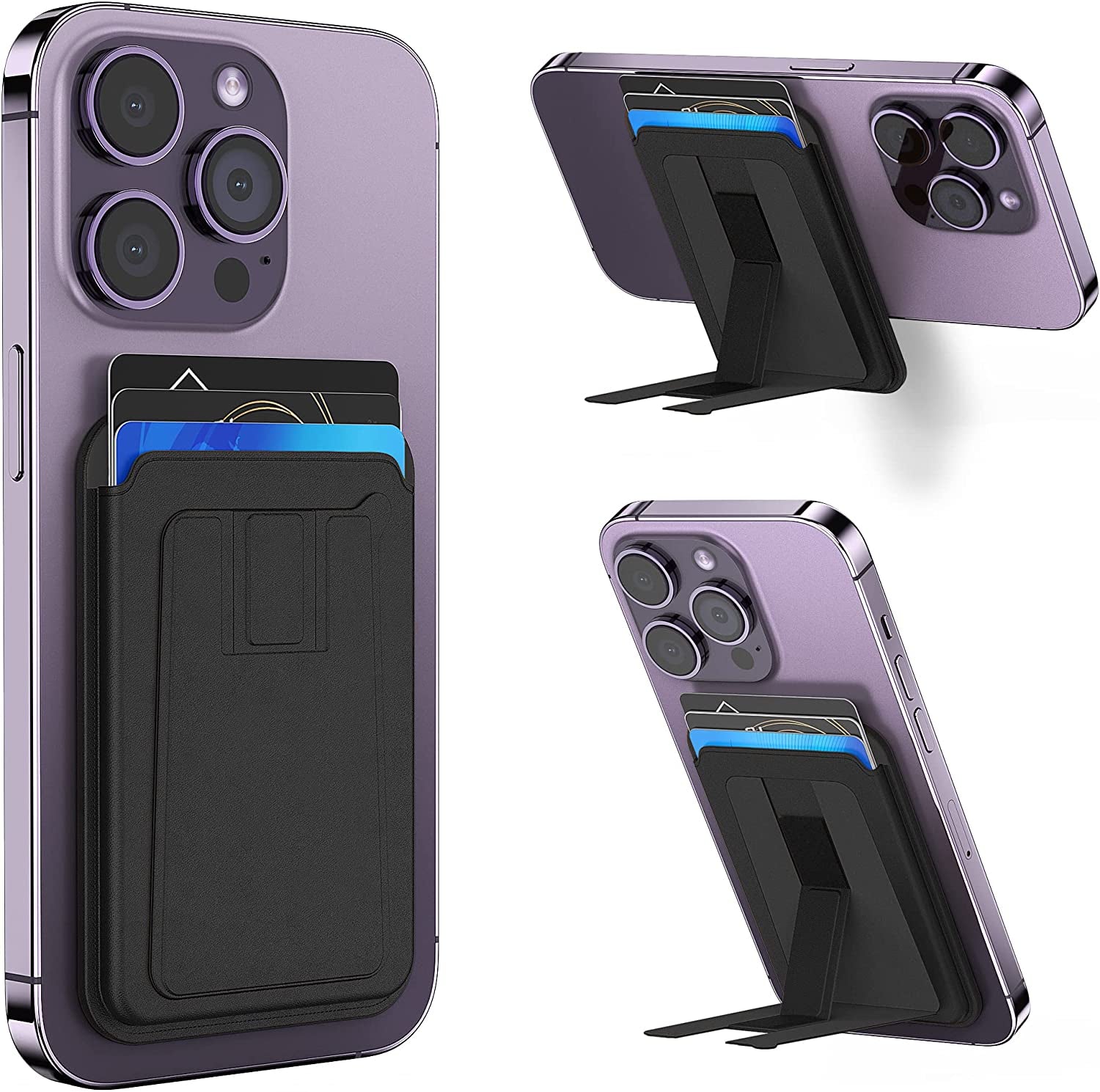 GANSBOL Magnetic Card Wallet Holder for Apple Magsafe,2-In-1 Leather Magsafe Wallet Stand for Iphone 12/13/14 Series,Magsafe Wallet for Back of Iphone,Fit 3-4 Cards,Light Purple  GANSBOL Black  