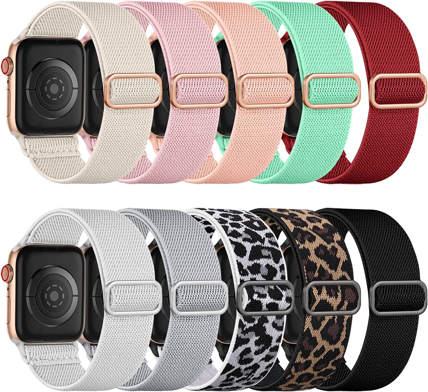 Maledan 10 Pack Stretchy Solo Loop Compatible with Apple Watch Band 38Mm 40Mm 41Mm 42Mm 44Mm 45Mm 49Mm Women Men, Soft Nylon Elastic Braided Strap Wristbands for Iwatch Series Ultra/8/7/6/5/4/3/2/1/Se  Maledan Black/White/Light Gray/Red/Mint Green/Orange/Pink Sand/Starlight/White Leopard/Yellow Leopard (42mm/44mm/45mm/49mm) 