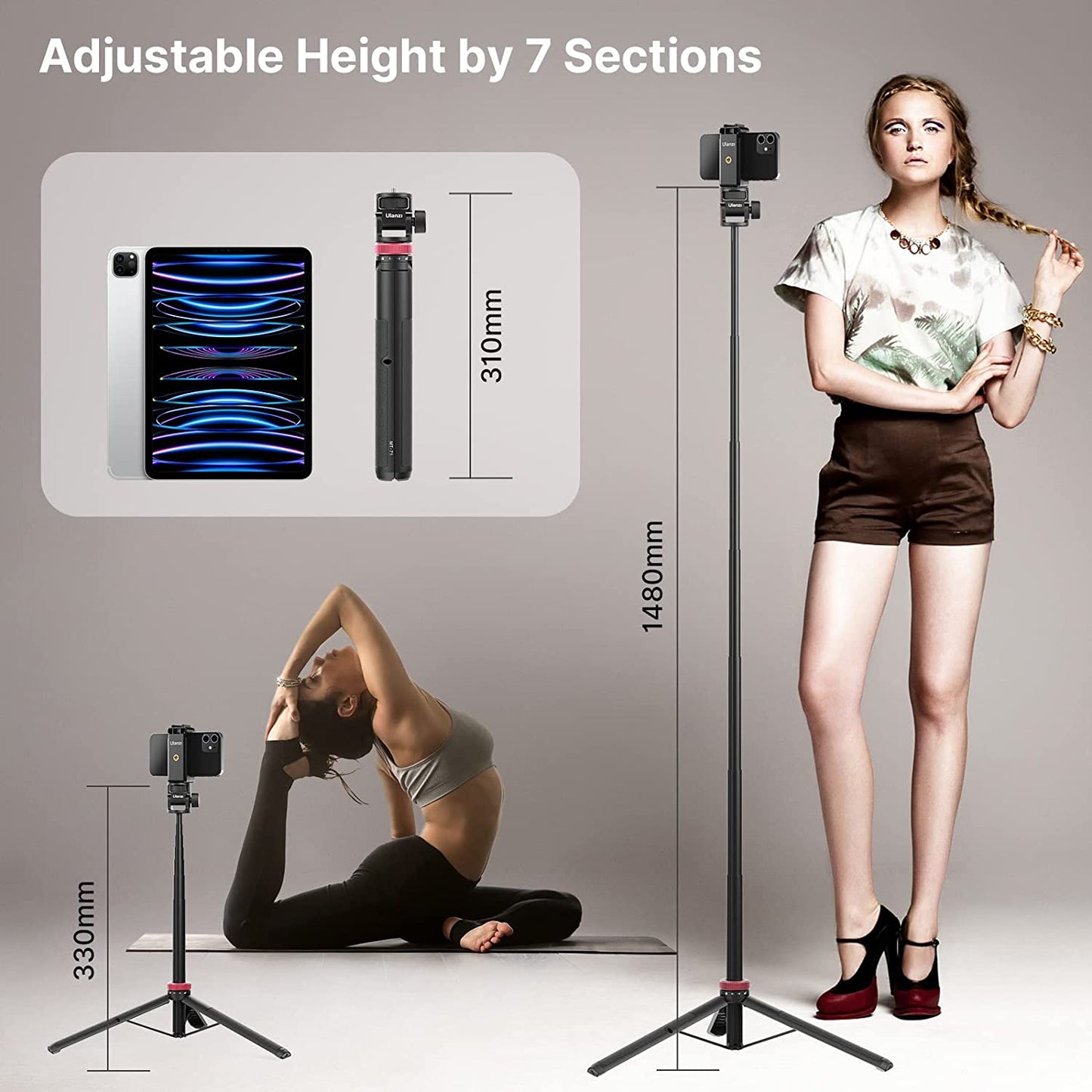 57.48 Inch Extendable Selfie Stick for Action Camera W Smartphone Clamp Extension Pole, for Gopro for Sony Canon Vlogging Cams for Iphone 14 13 Pro Max  POLE3266   