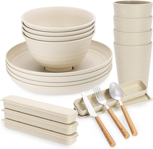 28Pcs Wheat Straw Dinnerware Sets, Plates and Bowls Sets for 4, Large Plates, Bowls, Cups for Camping, Picnic Microwave Safe  Wwyybfk   