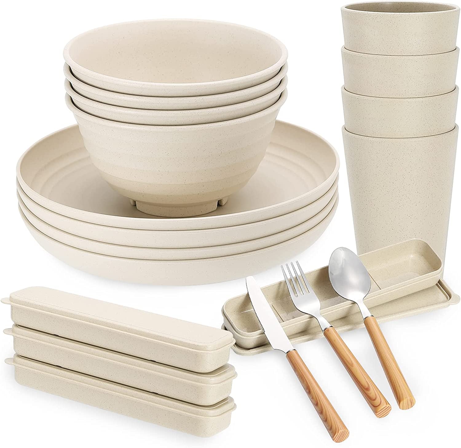 28Pcs Wheat Straw Dinnerware Sets, Plates and Bowls Sets for 4, Large Plates, Bowls, Cups for Camping, Picnic Microwave Safe  Wwyybfk   