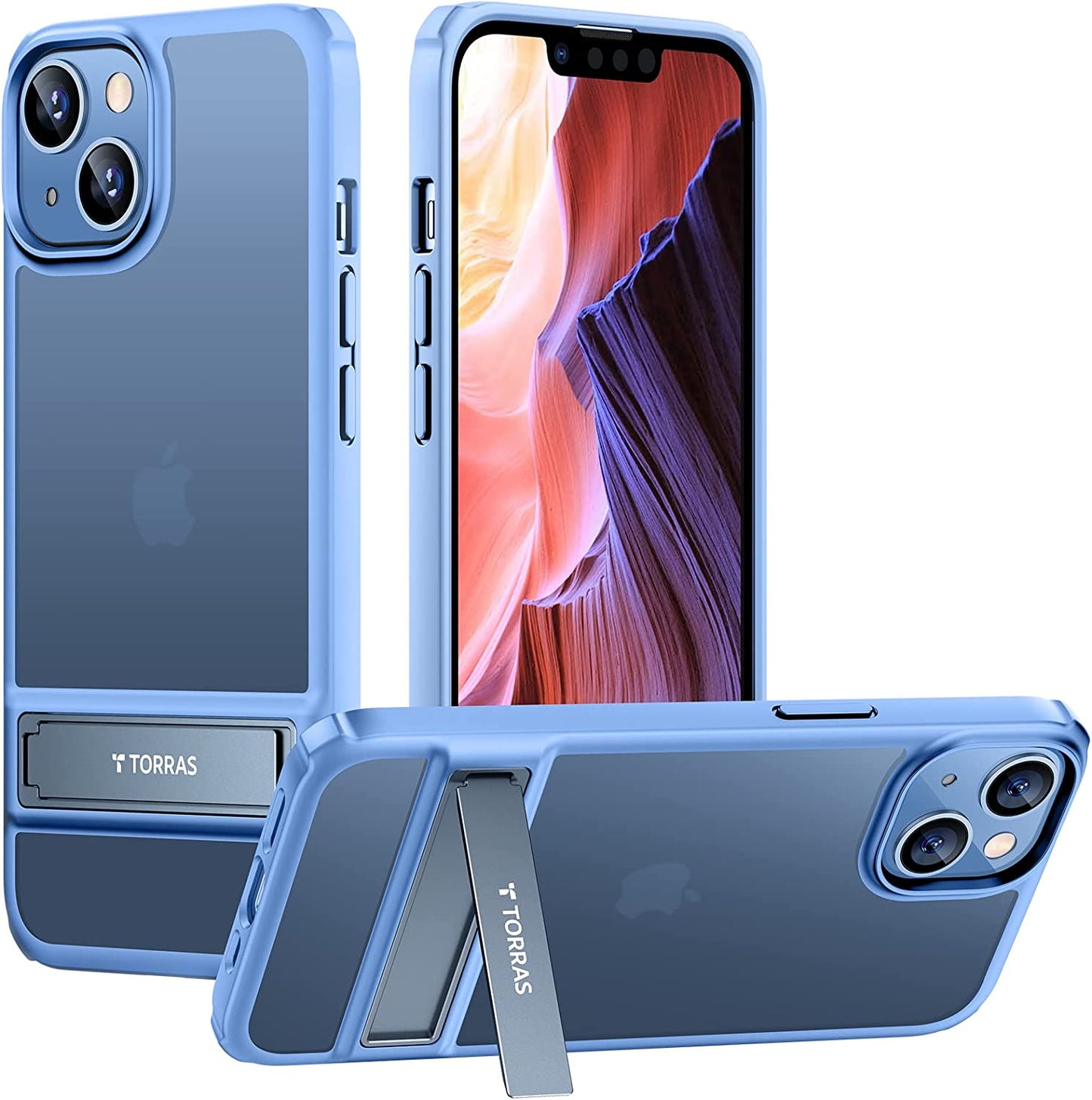 TORRAS Marsclimber Designed for Iphone 13 Case/Iphone 14 Case, [3 Stand Ways] [8FT Military Grade Shockproof] Translucent Matte Thin Slim Phone Case for Iphone 14/ Iphone 13 with Stand, Space Black  TORRAS Blue  