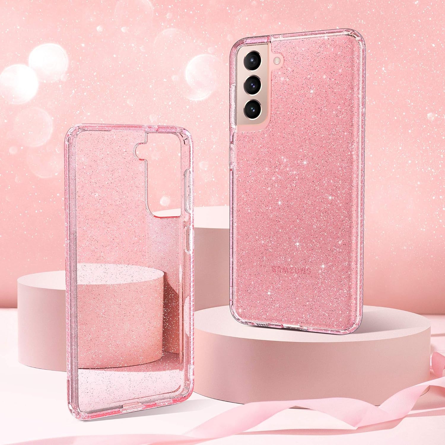 ULAK Galaxy S21 Case, Clear Glitter Case Sparkly Soft TPU Bumper Bling Cover for Women Girls Transparent Protective Phone Case for Samsung Galaxy S21 5G 6.2 Inches - Pink Glitter  ULAK   