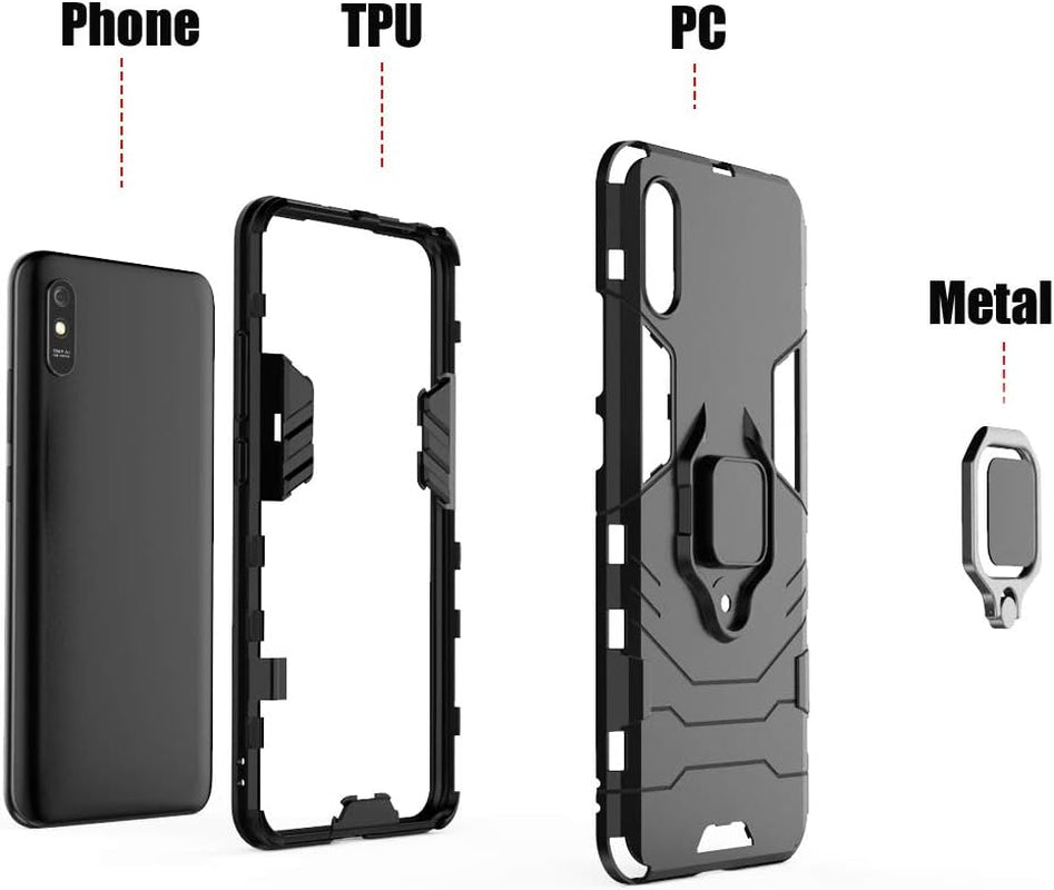 Fadream for Xiaomi Redmi 9A Case, Rugged Shockproof Dual Layer Heavy Duty Protective Kickstand Cover with [2 Pack] Tempered Glass Screen Protector (Blue)  FaDream   