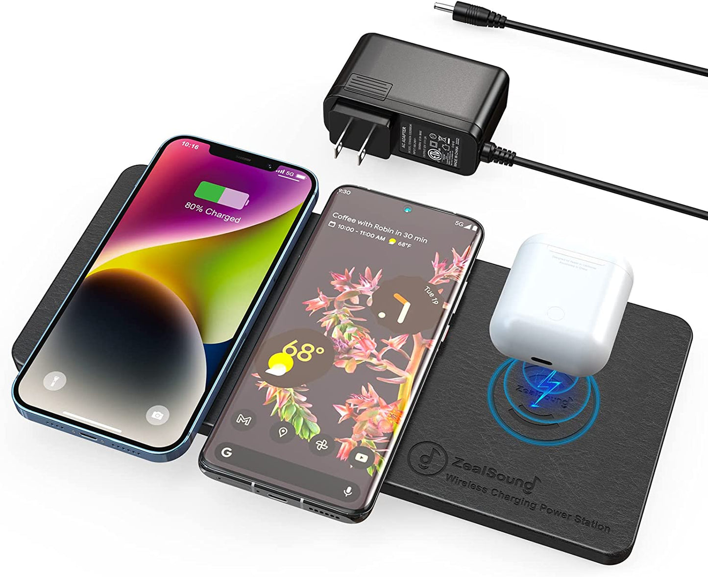 Wireless Charging Pad, Zealsound Ultra-Slim Triple Wireless Charger Station for Multiple 3 Devices & New Airpods Ultra Slim PU Leather Wireless Charging Mat W/AC Adapter for Smartphone Phone (Black)  ZealSound   