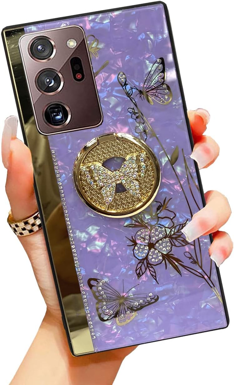 Supshop Note20 for Samsung Galaxy Note 20 5G Case for Women Girl Design with Ring Kickstand,Fashion Cute Bling Diamond Rhinestone Glitter Butterfly Marble Mirror Phone Cover,Purple  SUPSHOP   