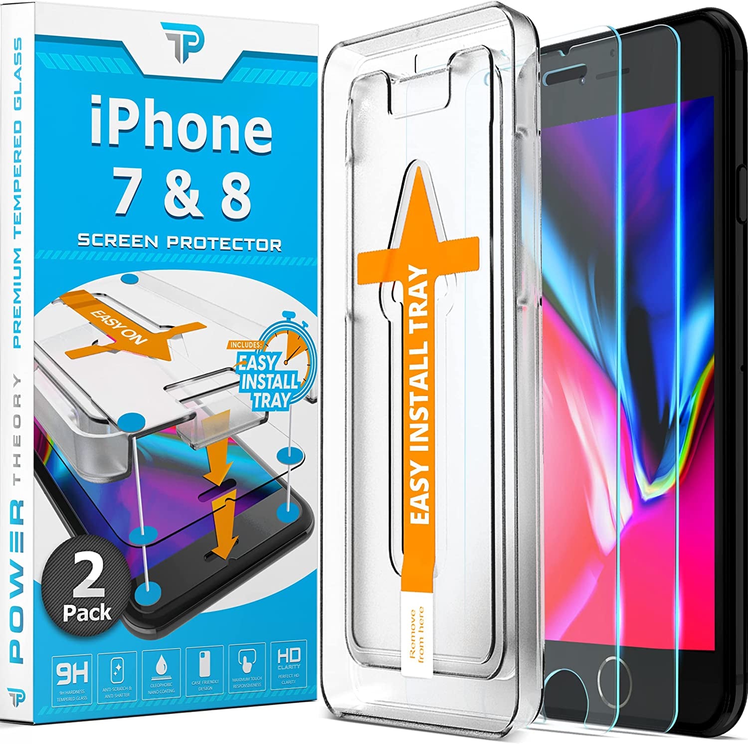 Power Theory Designed for Iphone 8 Screen Protector/Iphone 7 Screen Protector Tempered Glass [9H Hardness], Easy Install Kit, 99% HD Bubble Free Clear, Case Friendly, Anti-Scratch, 2 Pack  Power Theory   