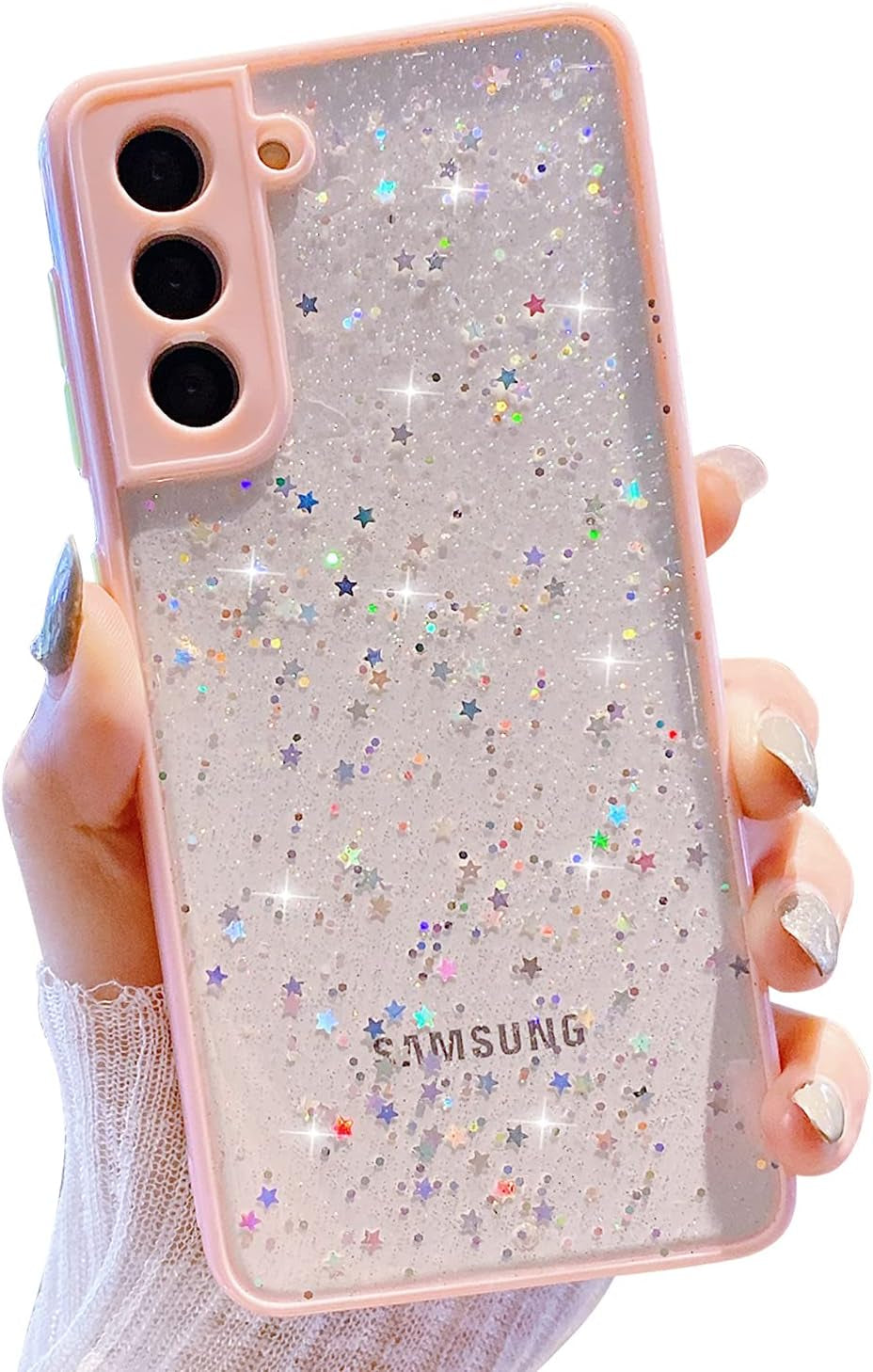 Compatible with Samsung Galaxy S21 Case for Women Girls,Soft Slim Fit Full-Around Protective Cute Clear Sparkly Bling Star Phone Case Glitter Cover for Samsung Galaxy S21 6.2 ''-White  JWKJUS Pink  