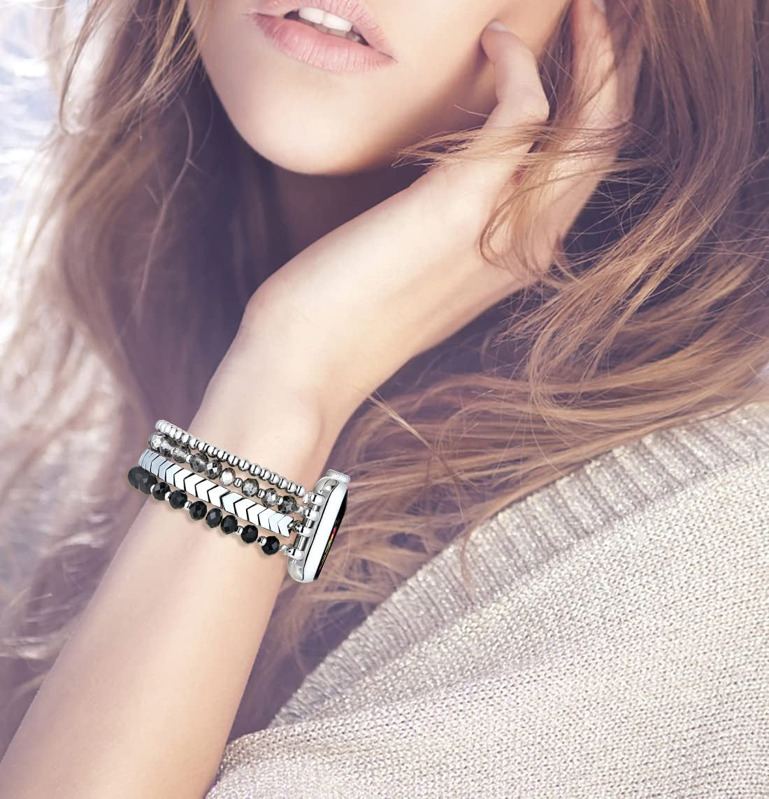 Fastgo Bracelet Band Beaded Compatible with Apple Watch 38Mm 40Mm 41Mm 42Mm 44Mm 45Mm 49Mm Women, Fashion Elastic Stretch Strap Bands for Iwatch SE &Series Ultra 8 7 6 5 4 3 2 1(Black/Sliver/Grey,S/M)  fastgo   