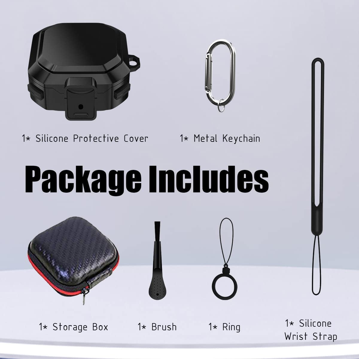 With Lock Cover for Galaxy Buds2 Pro Case 2022/ Galaxy Buds Pro Case 2021/ Galaxy Buds 2 Case 2021/ Galaxy Buds Live Case 2020, Silicone+Pc Shockproof Case with Keychain/Straps/Ring/ Brush (Black)  AIBEAMER   