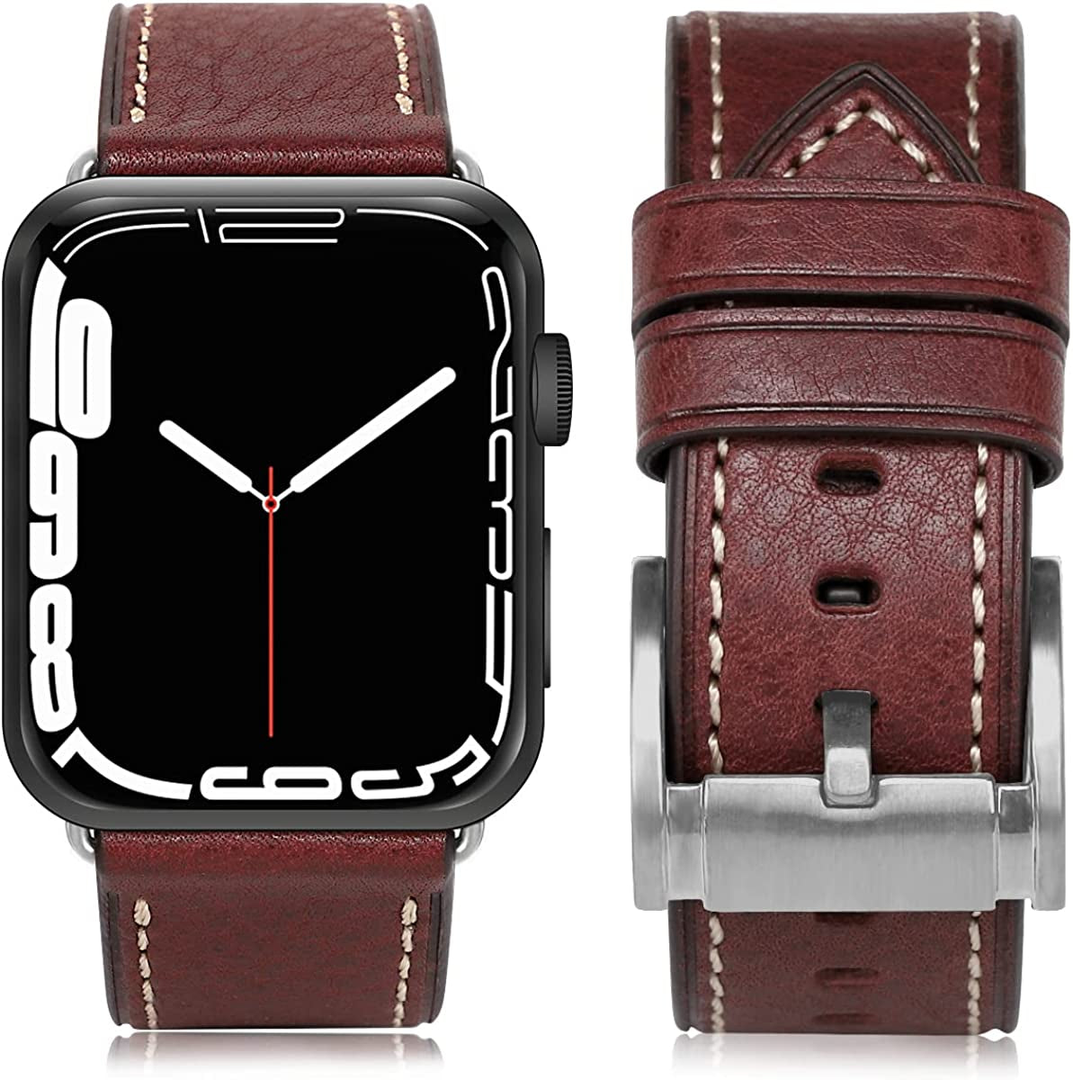 HUAFIY Compatible for Apple Watch Bands 42Mm 44Mm45Mm 49Mm 38Mm 40Mm41Mm, Genuine Leather Band Strap for Iwatch Series 8,7,6,5,4,3,2,1, Ultra Sport SE  huahuei Red wine Silver buckle 38mm 40mm41mm 