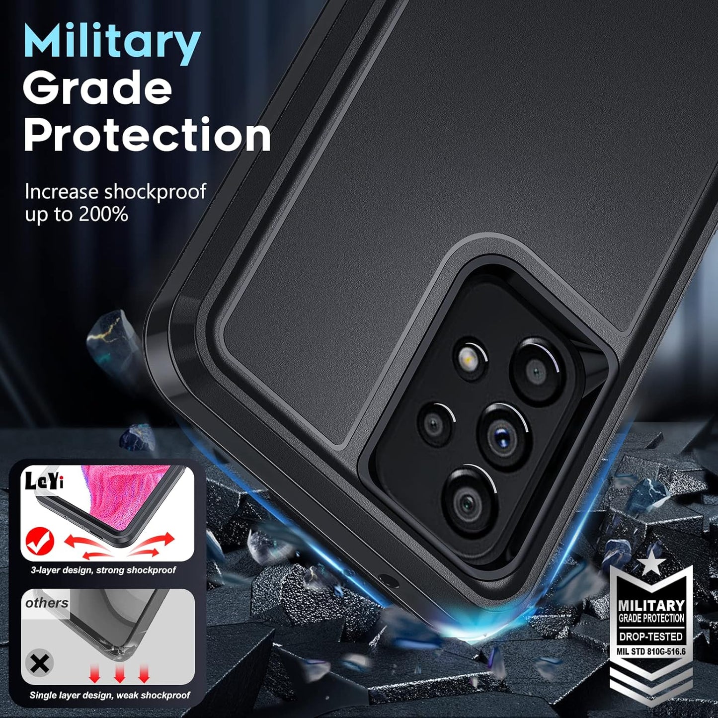 Leyi for Galaxy A53 5G Case: 3-In-1 Rugged Defender Protection with 2 Tempered Glass Screen Protectors, Shockproof & Dustproof - Black  LeYi   