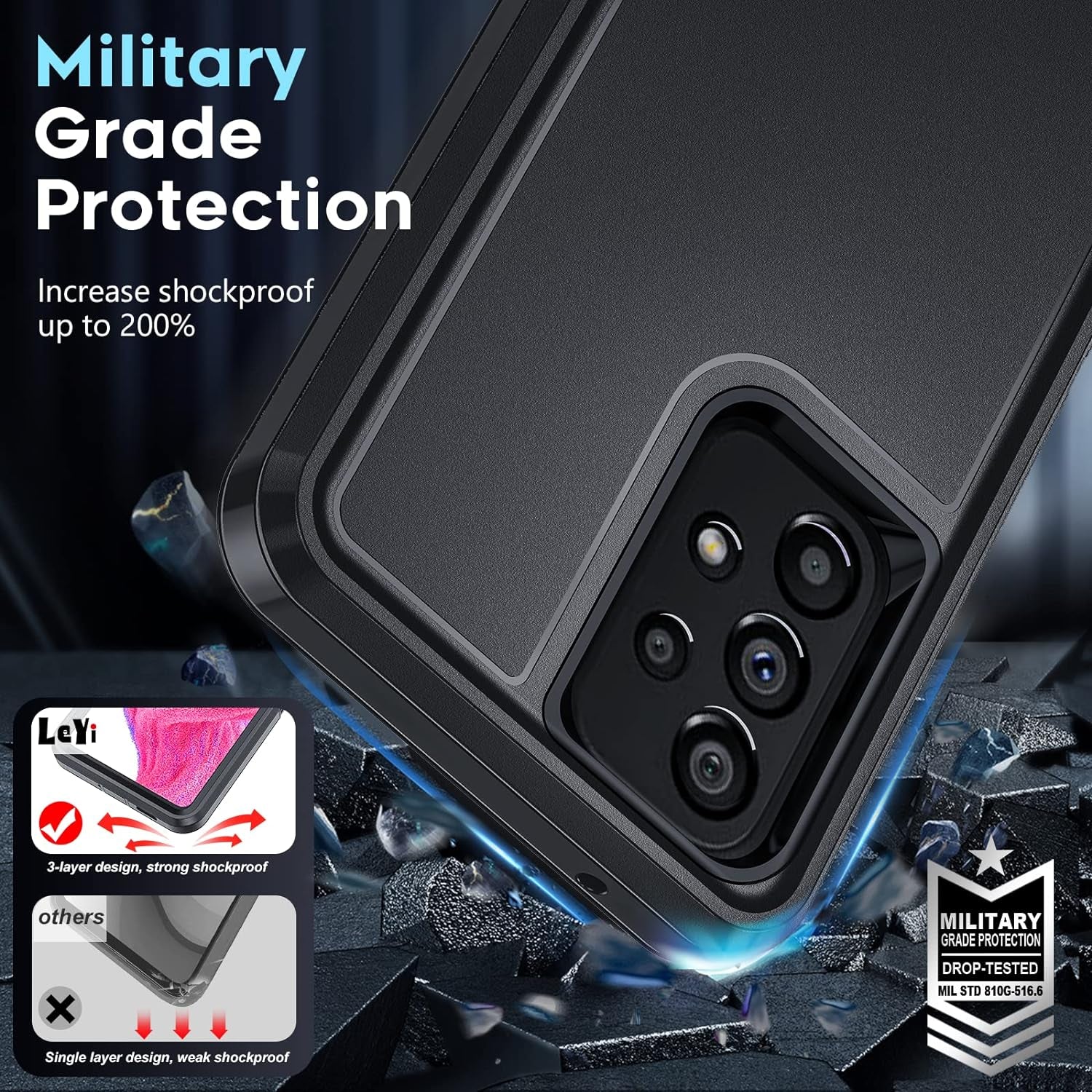 Leyi for Galaxy A53 5G Case: 3-In-1 Rugged Defender Protection with 2 Tempered Glass Screen Protectors, Shockproof & Dustproof - Black  LeYi   