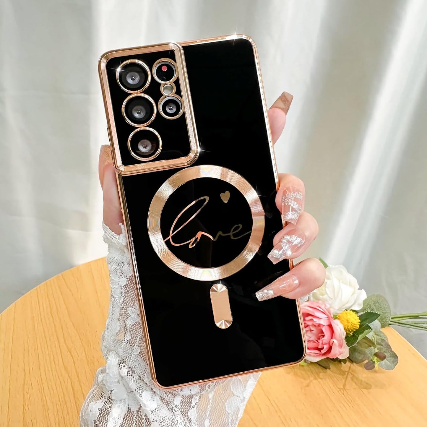 Bonoma Magnetic Case for Samsung Galaxy S21 Ultra Compatible with Magsafe, Cute Love Heart Luxury Plating Back Cover with Edge Elegant Aesthetic Hearts Pattern Silicone Phone Case-Pink  Bonoma Love-Black  