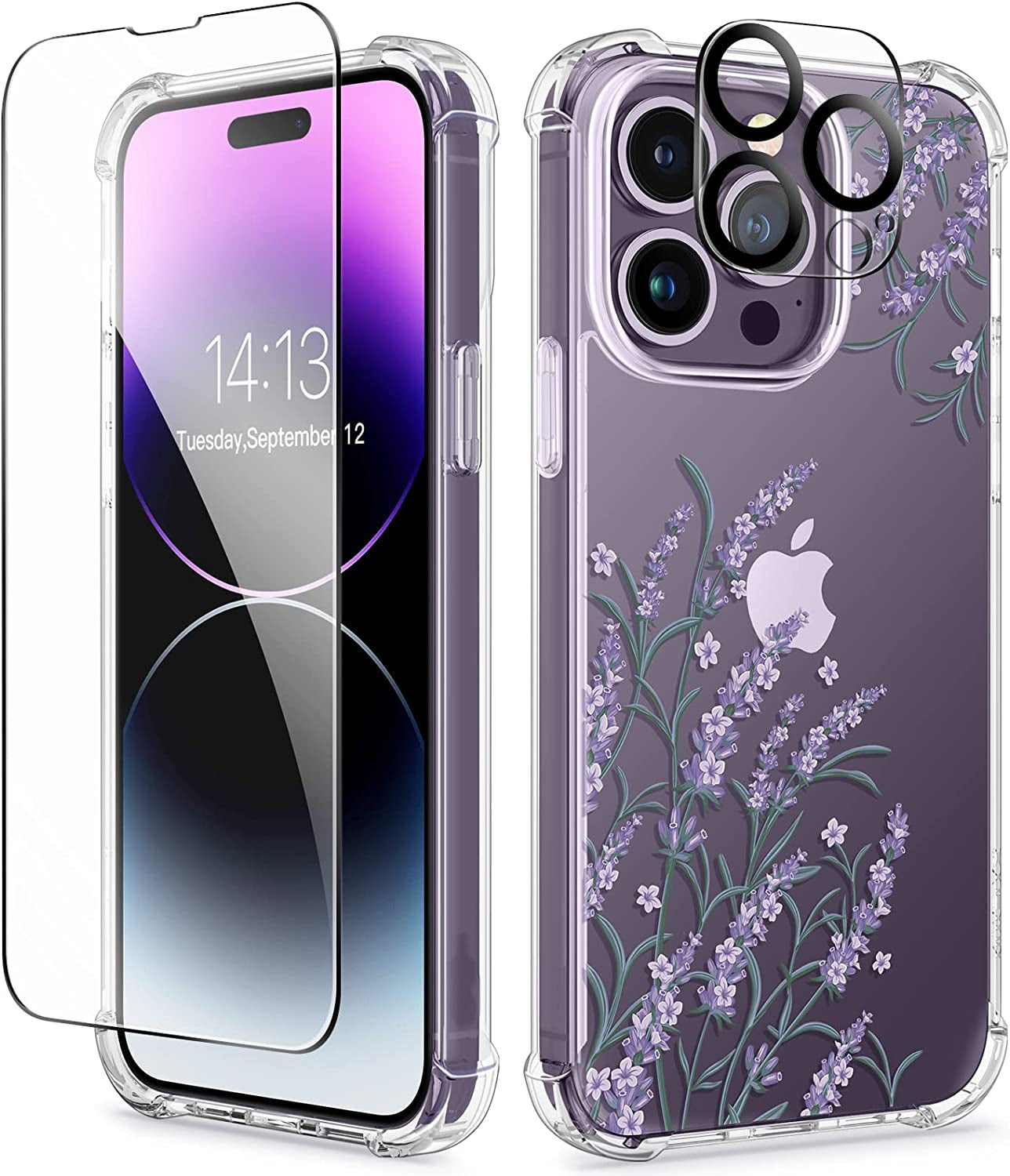 GVIEWIN Compatible with Iphone 14 Pro Case with Screen Protector & Camera Lens Protector, Floral Slim Shockproof Protective Hard PC+TPU Bumper Flower Women Cover, 6.1" 2022(Anemone Blooms/Pink)  GVIEWIN Daphne/Purple  