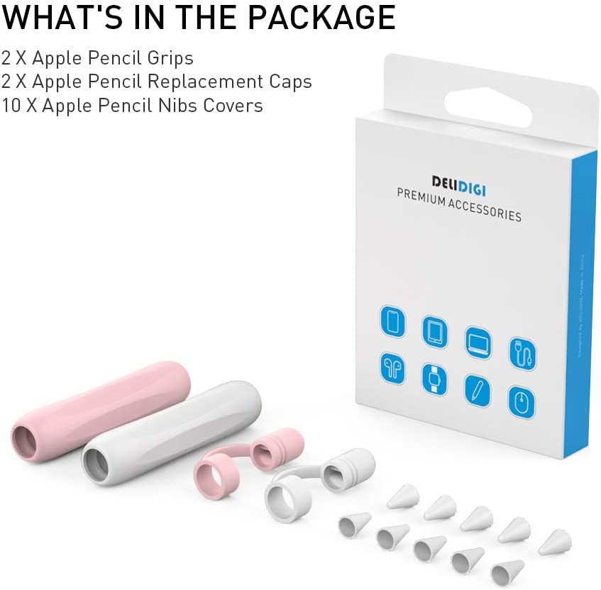 Delidigi 2 Pack Ipencil Grip Ergonomic Sleeve with Anti-Lost Replacement Cap plus Tips Cover Accessories Set Compatible with Apple Pencil 1St Generation (White, Pink)  Delidigi   