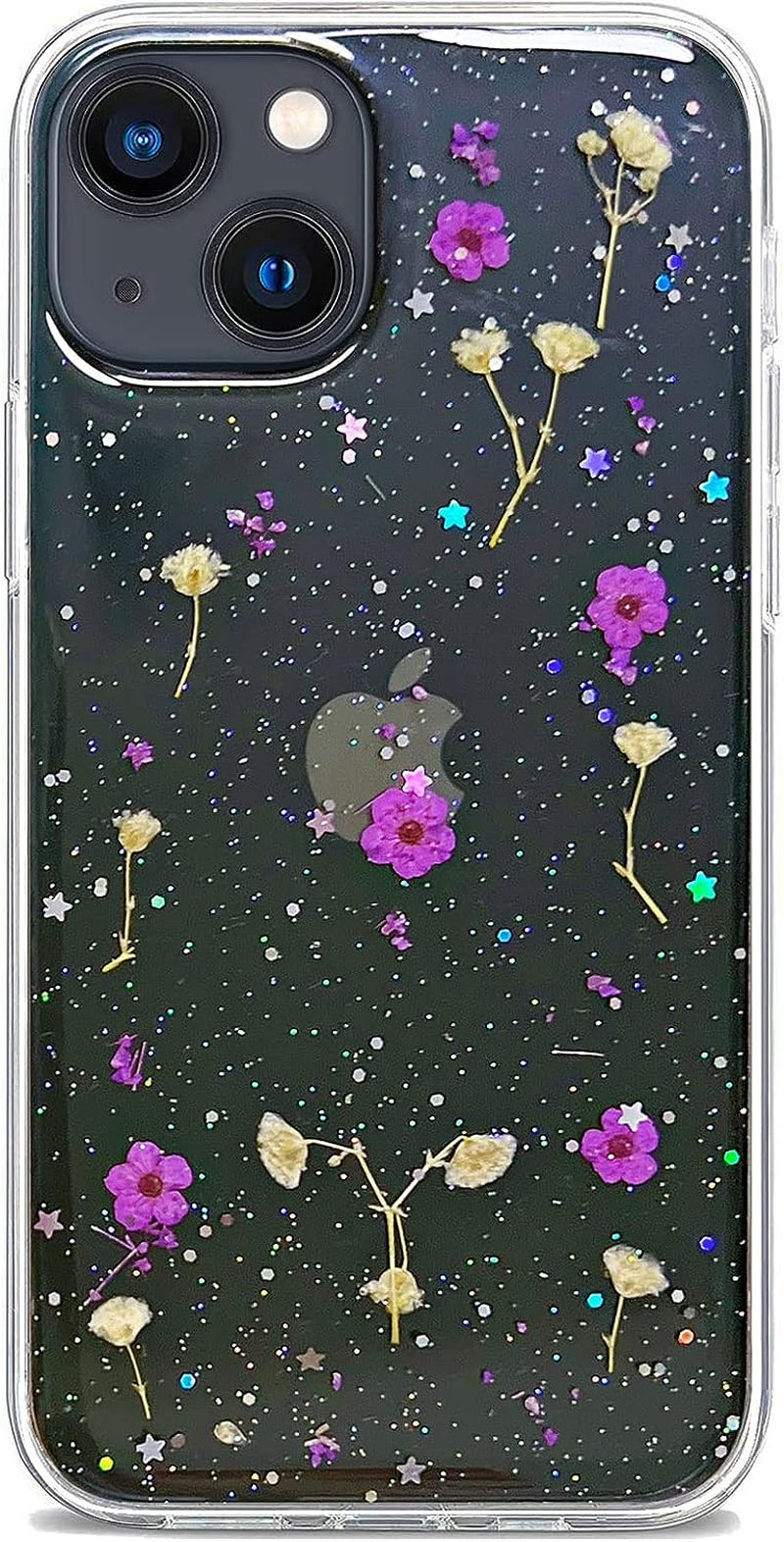 Abbery Designed for Iphone 13 Pressed Flower Case, Cute Clear with Design Bling Glitter Sparkle Soft TPU Transparent Dried Real Flower Floral Aesthetic Case for Women Girls (3 Pink Flower)  Abbery Purple Gypsophila  