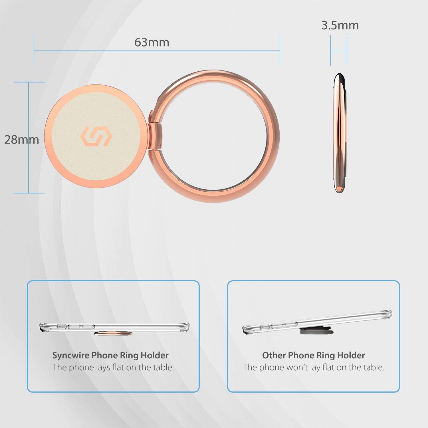 Syncwire Cell Phone Ring Holder Stand, 360 Degree Rotation Finger Ring Kickstand with Polished Metal Phone Grip for Magnetic Car Mount Compatible with Iphone, Samsung, LG, Pixel - Rose Gold  Syncwire   