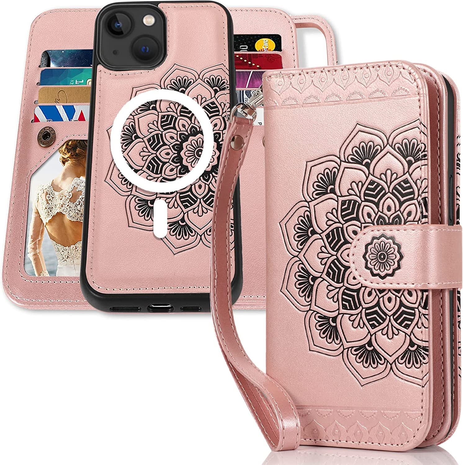 CASEOWL Compatible with Iphone 14 Wallet Case, Support Magsafe Charger, 2 in 1 Magnetic Detachable Folio Leather Iphone 14 Case Wallet with 9 Card Slots[Rfid Blocking], Strap for Man Women (Black)  CASEOWL Mandala # Rose Gold [for iPhone 14]  