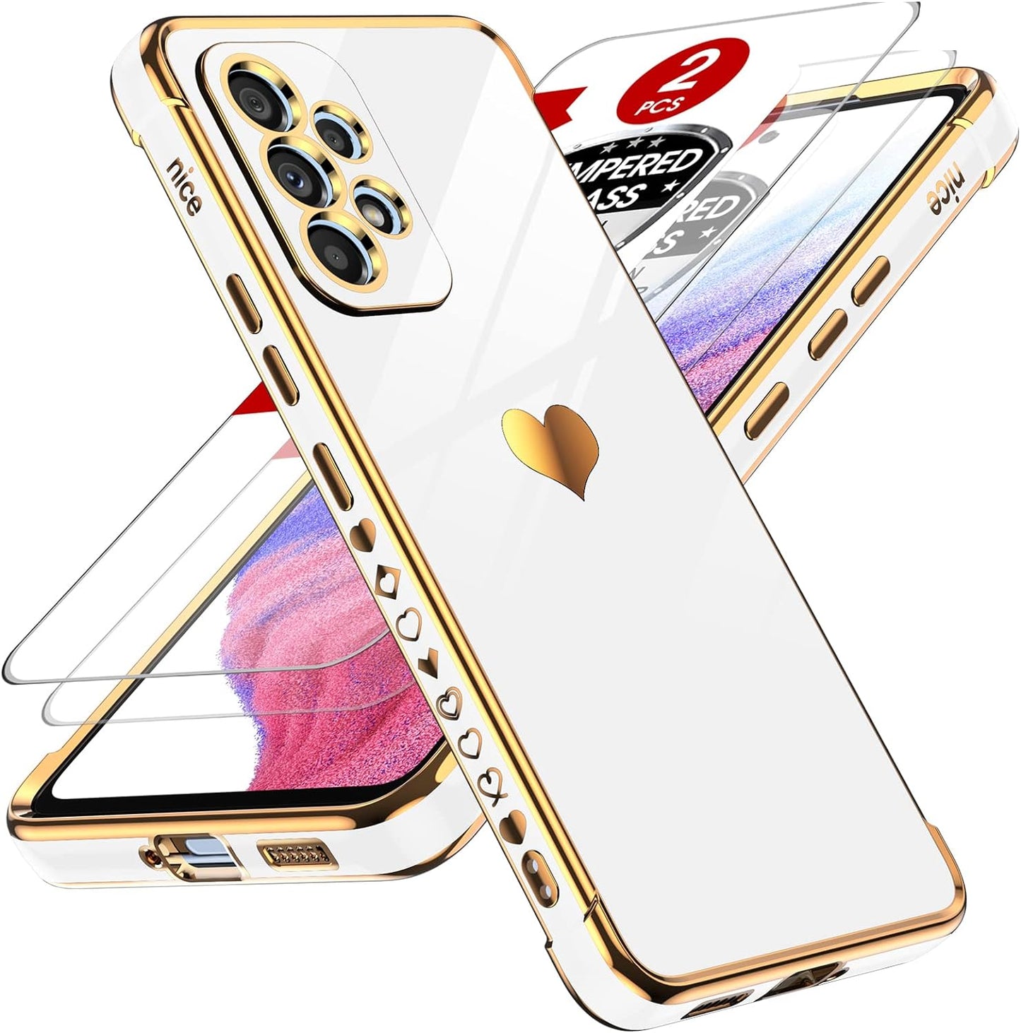 Leyi for Samsung A53 5G Case Galaxy A53 5G Case with Screen Protector [2 Pcs]+ Full Camera Protection, Love Heart Plating Girly Women Cute Luxury Soft TPU Case for Samsung A53 5G, Black  LeYi White  