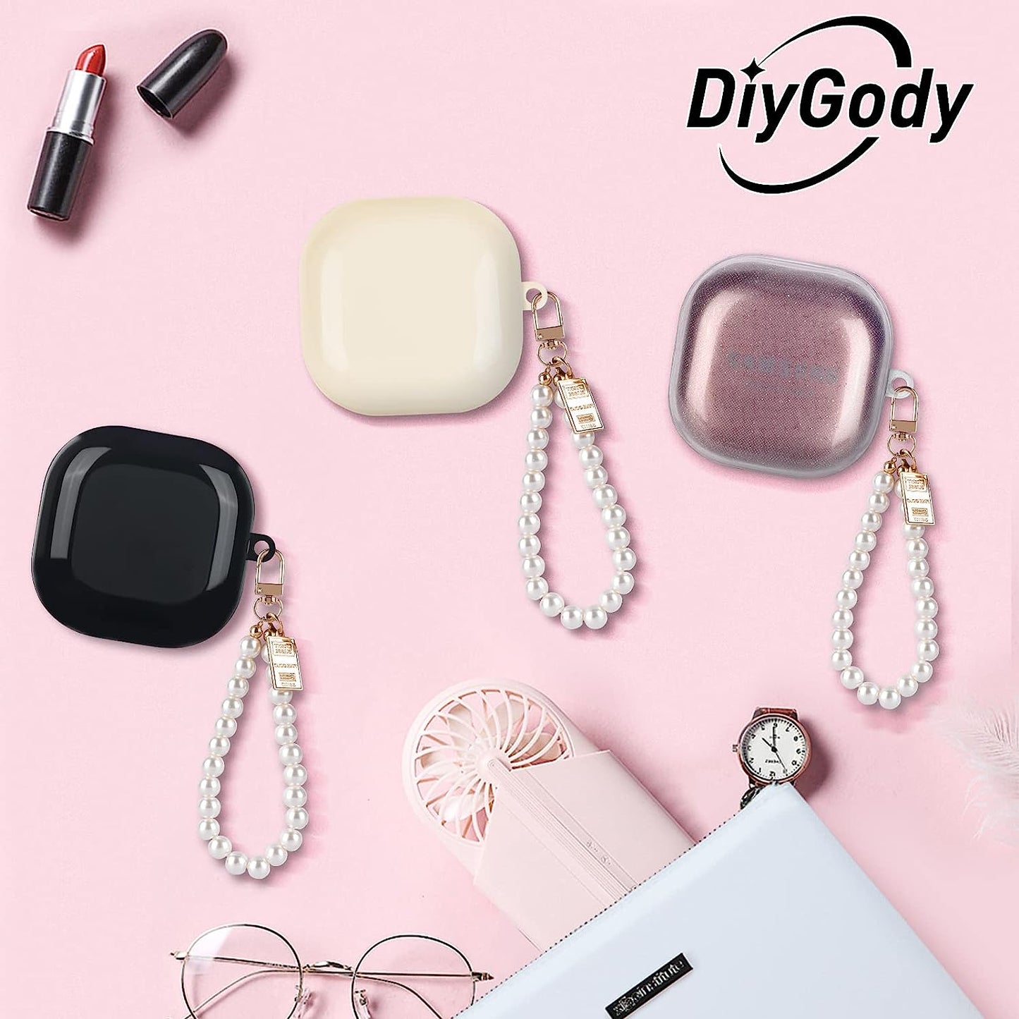 Cute Sparkle Case for Samsung Galaxy Buds 2 Pro(2022)/Galaxy Buds Pro/Buds 2/Buds Live with White Pearl Wrist Keychain for Women Girls Kids Clear Bling Glitter Protective Soft Silicone Cover  DiyGody   