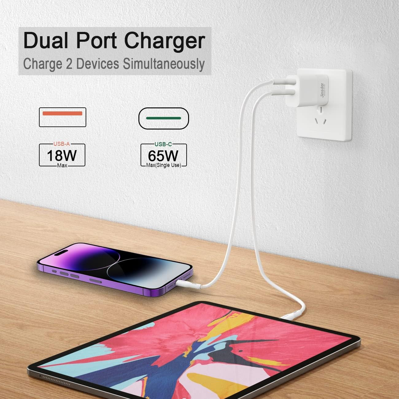 65W USB C Charger Block for Laptop, Jinsdar PD 3.0 PPS Gan Wall Charger Compact Dual Port USB-A and USB-C Fast Charging Power Adapter for Macbook Pro/Air, Samsung Galaxy, HP, Iphone, Pixel  Jinsdar   