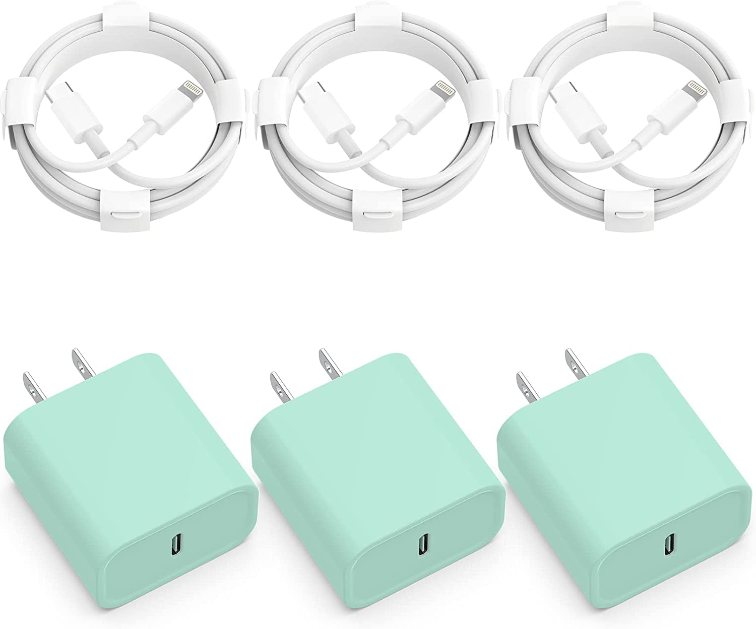 3-Pack Iphone 14 13 12 11 Fast Charger,【Apple Mfi Certified】 20W PD USB C Wall Charger 6FT Cable Fasting Charging Adapter Compatible with Iphone 14Pro/13 Pro/12/12 Pro Max/11 Pro Max/Xs Max/Xs/Xr/X/8  CQDKWG Green  