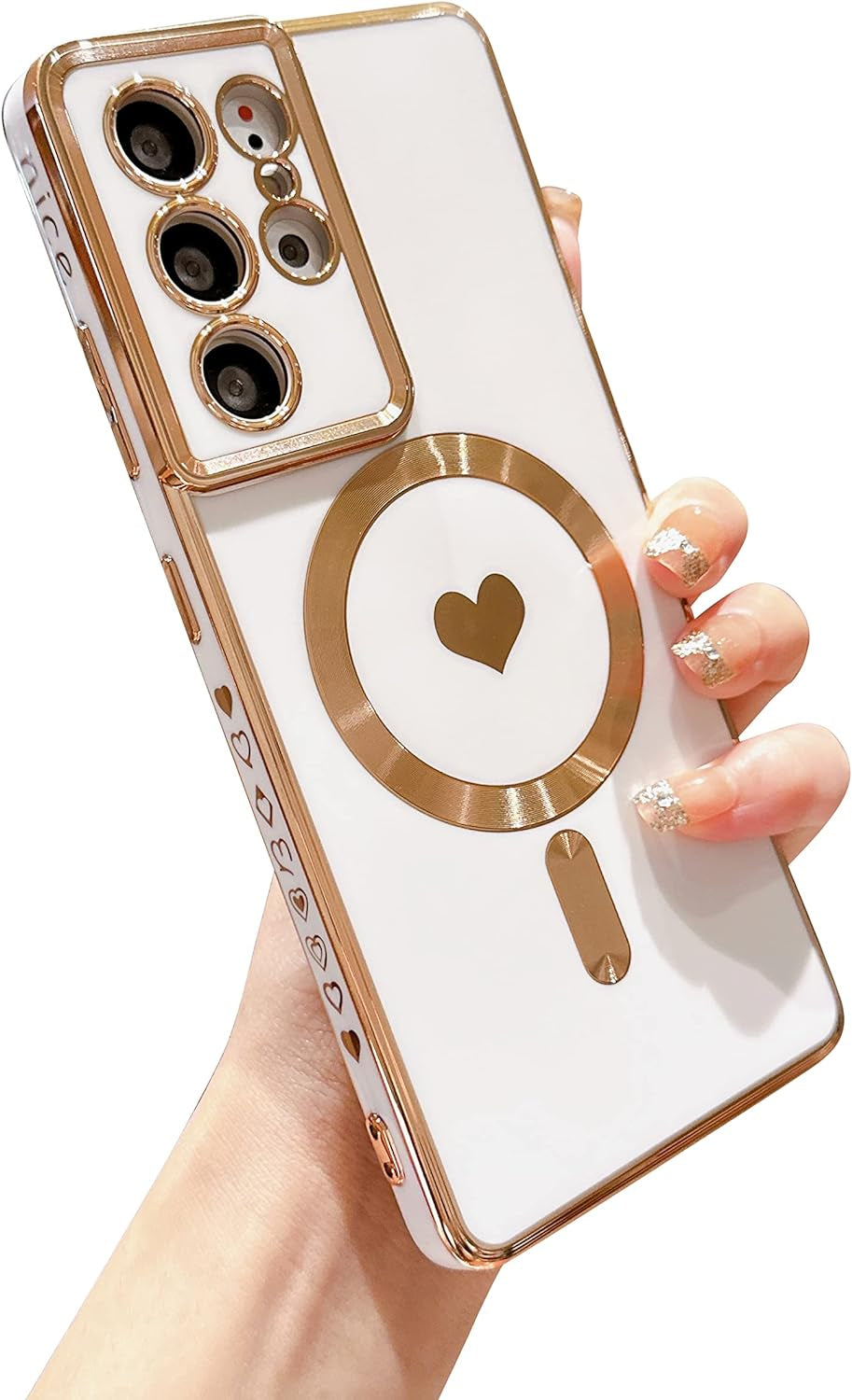 VANIPUFF Magnetic Phone Case for Samsung Galaxy S21 Ultra 5G [Compatible with Magsafe] Luxury Plating Cute Love Heart Soft Silicone Protective Shockproof Cover for Galaxy S21 Ultra 6.8” (Blue)  VANIPUFF\1 White  