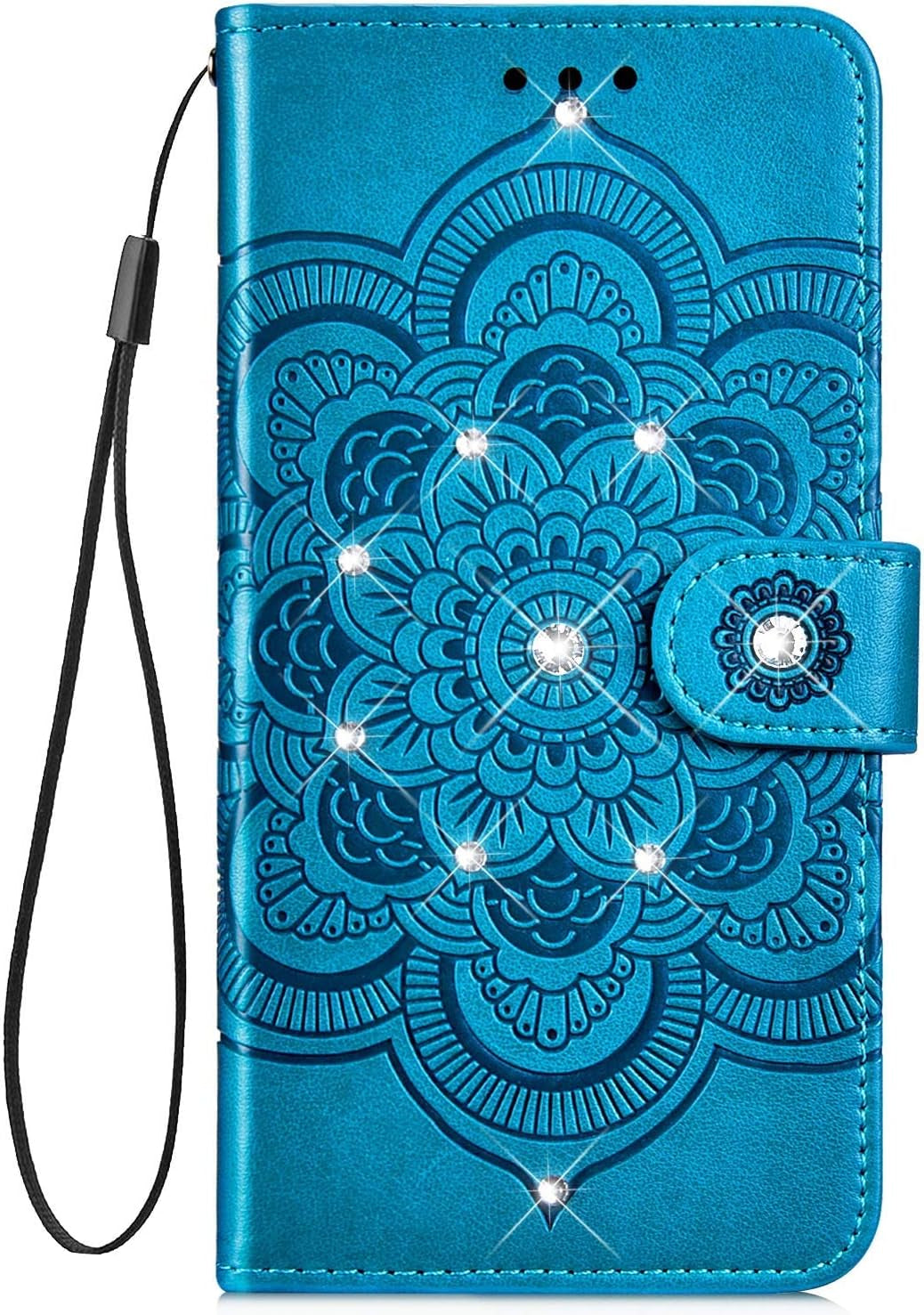 IKASEFU Compatible with LG G8 Thinq Case Shiny Sun Mandala Floral Rhinestone Pu Leather Diamond Bling Wallet Strap Case with Card Holder Shockproof Magnetic Flip Bumper Cover,Purple  IKASEFU Blue  