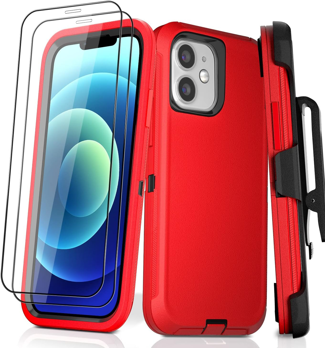 DHCALL for Iphone 12 Case & Iphone 12 Pro Case (6.1"), with 2 Tempered Glass Screen Protector,Belt Clip Holster, [Full Body Drop Protection] Shockproof Tough Durable 6.1 Inch（Black Green+Clip）  DHCALL   