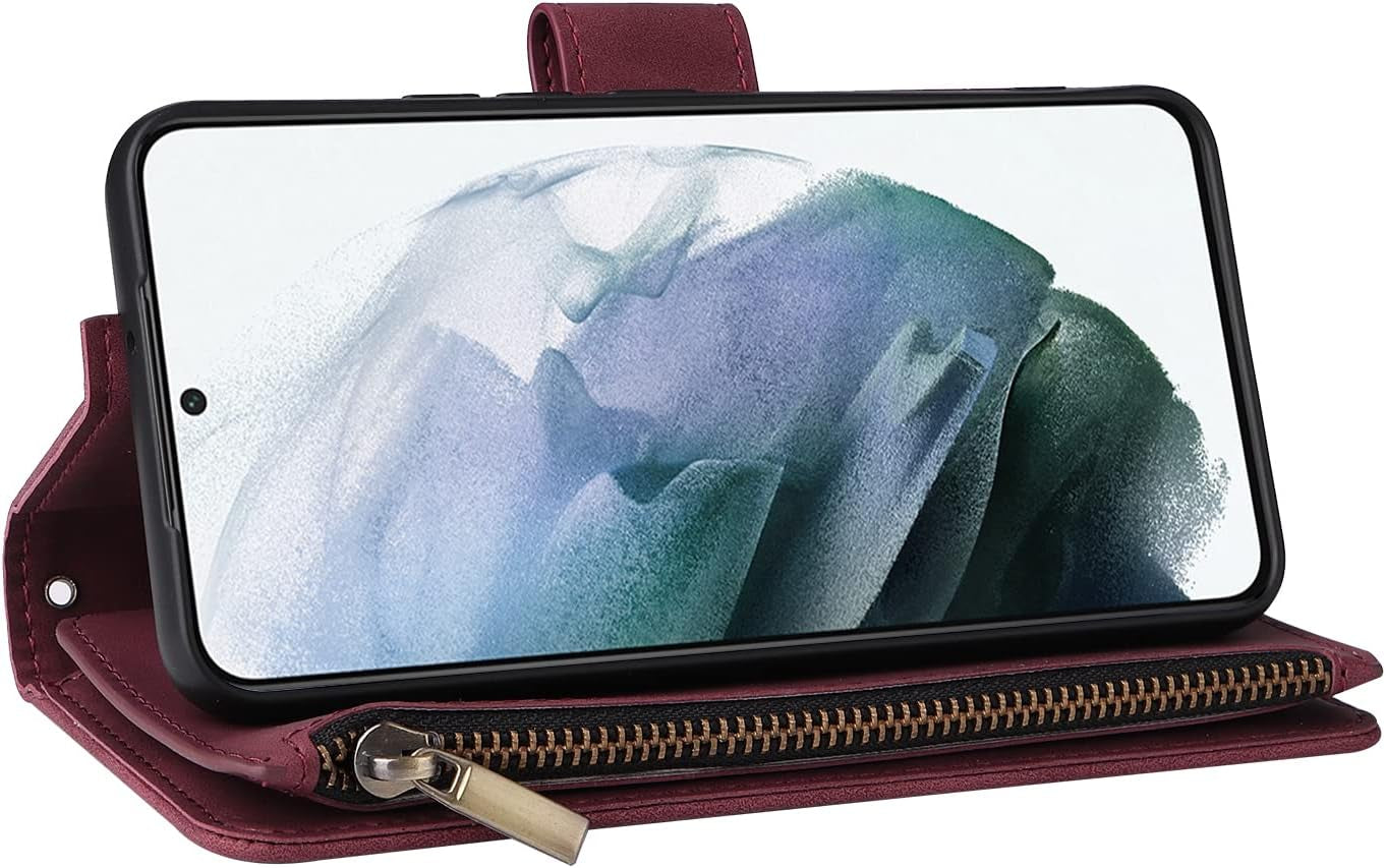 ZZXX Samsung Galaxy S22+ plus Case Wallet with Card Slot Premium Soft PU Leather Zipper Flip Folio with Wrist Strap Kickstand Protective for Samsung S22+ plus Wallet Case(Wine Red-6.6 Inch)  ZZXX   