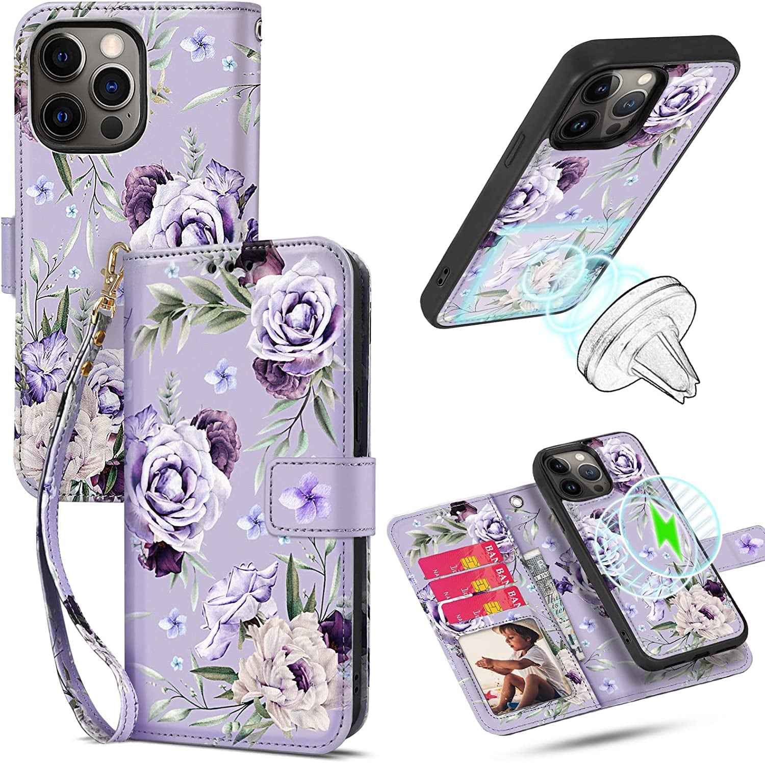 HOGGU Iphone 14 plus Case Wallet [Compatible with Magsafe] Magnetic Detachable Floral Flip PU Leather Case with Card Holder RFID Blocking, Hand Strap, Iphone 14 plus Wallet Case for Women Girls-Gray  HOGGU Purple [iPhone 14 Plus]  