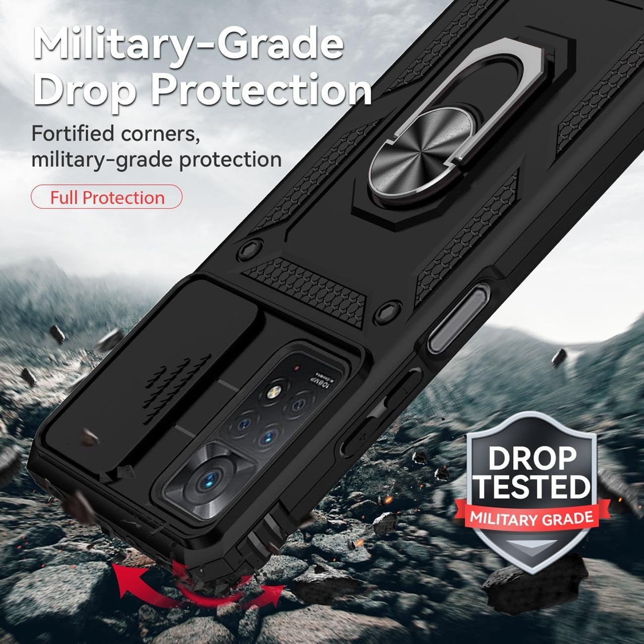 Yodueiv for Redmi Note 11 Pro 4G/5G/Redmi Note 11E Pro Case with Tempered Glass Screen Protector and Slide Camera Cover, Magnetic Ring Car Mount Holder Cover for Xiaomi Redmi Note 11 Pro 5G Black  Yodueiv   