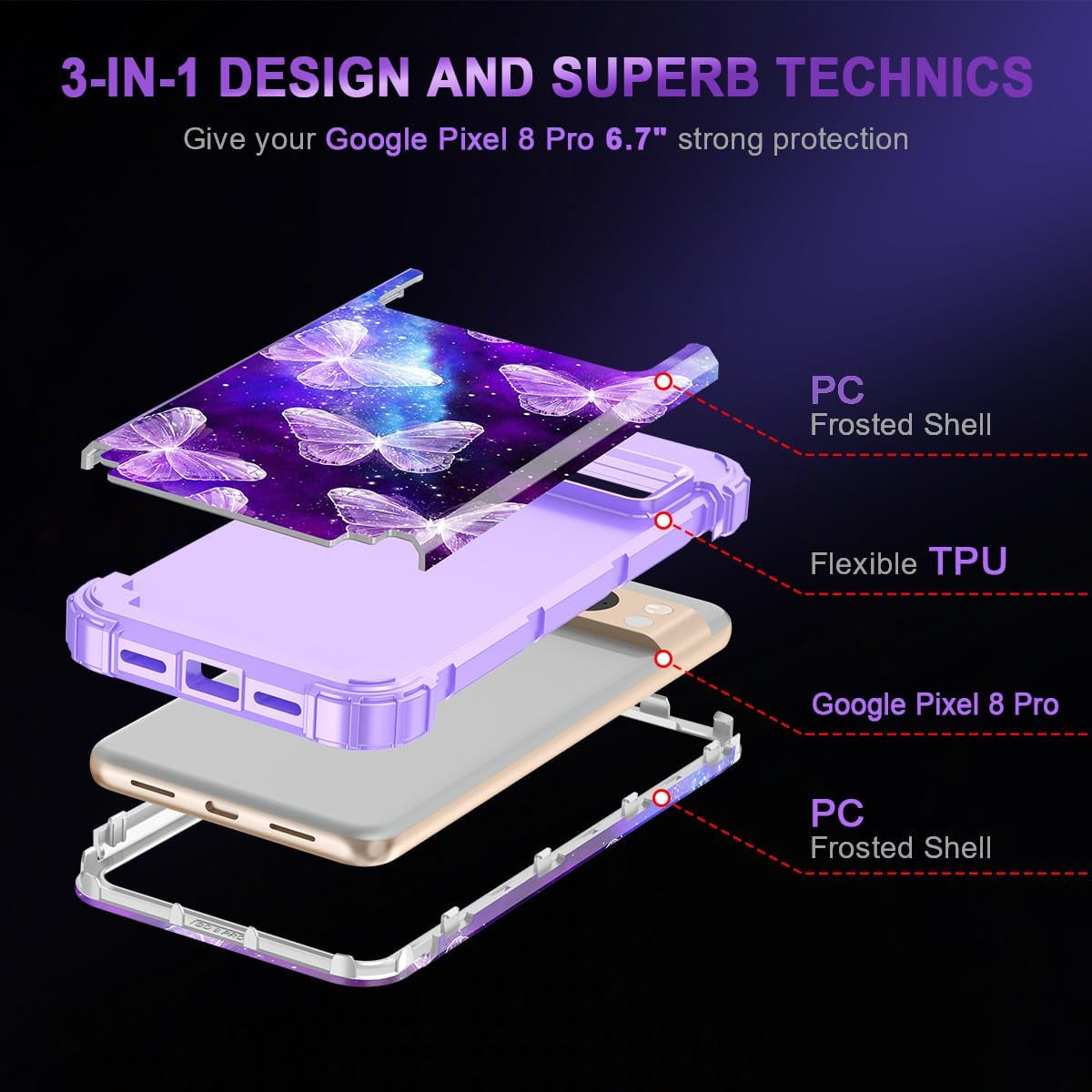 Rancase for Google Pixel 8 Pro Case,Three Layer Heavy Duty Shockproof Full Protection Hard Plastic Bumper+Soft Silicone Rubber Protective Girls Case for Google Pixel 8 Pro 6.7 Inch,Purple Butterfly  Rancase   