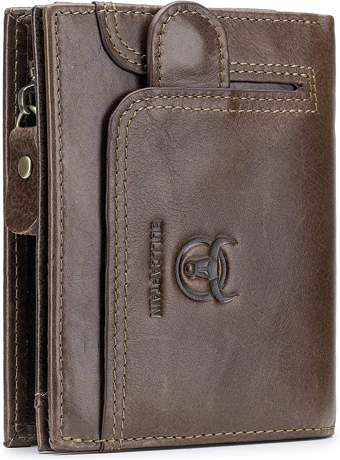 Mens RFID Blocking Wallet,Leather Vintage Bifold Card Holder Purse with Zipper  BULLCAPTAIN   