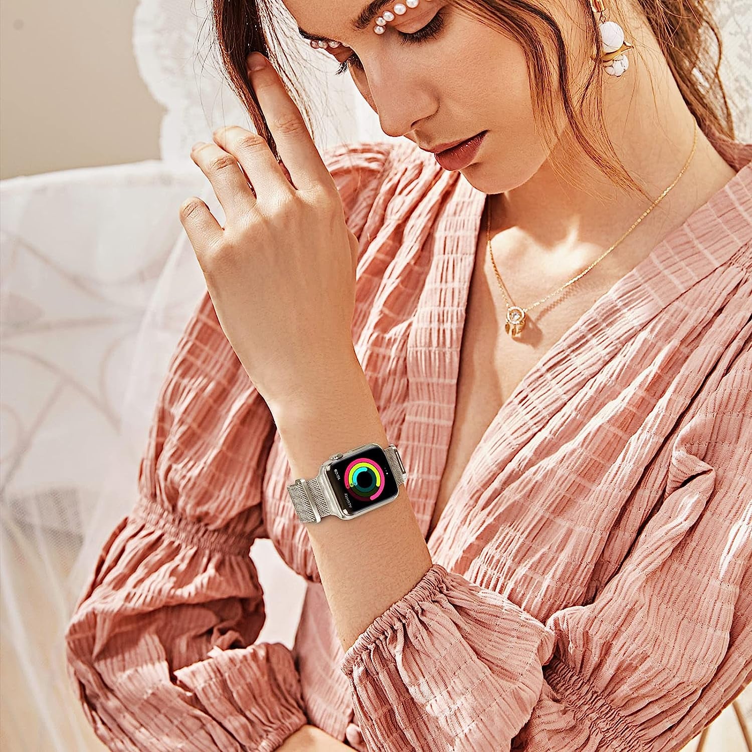 Geoumy Metal Magnetic Bands Compatible for Apple Watch Band 45Mm with Case, Stainless Steel Milanese Mesh Loop Replacement Strap Compatible with Iwatch Series 8/7/6/5/4/3/2/1 SE Women Men,Starlight  Geoumy   