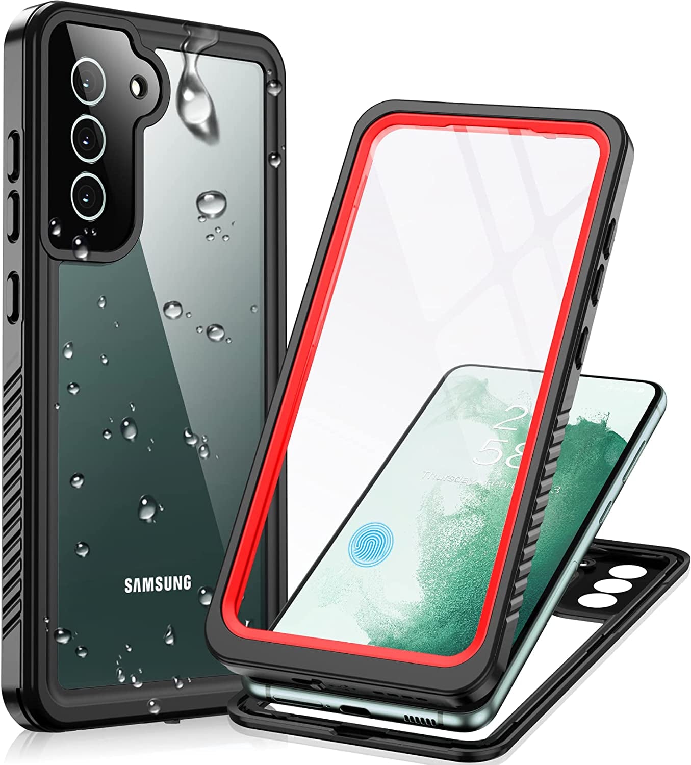 Temdan for Samsung Galaxy S22 Case,Waterproof Samsung S22 Case with Built-In Screen Protector Shockproof Dustproof Heavy Duty Full Body Protective Case for Samsung Galaxy S22 5G 6.1'',Black  Temdan Red  