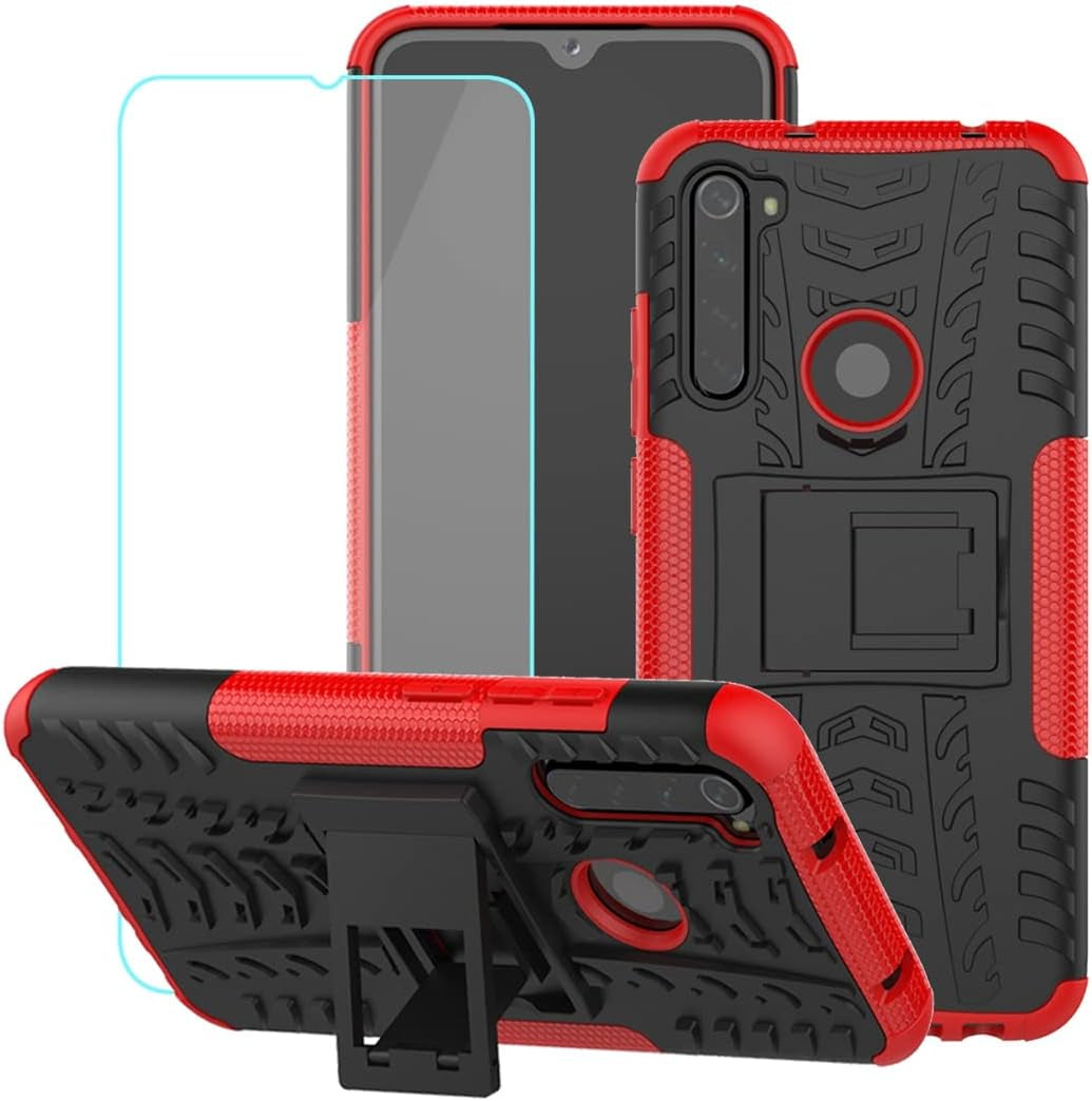 Yerebel for Redmi Note 8 (2019/2021) M1908C3JH Case with Tempered Glass Screen Protector, with Kickstand Hard PC Back Cover Soft TPU Dual Layer Protection Phone Cover for Xiaomi Redmi Note 8 (Orange)  Yerebel Red  