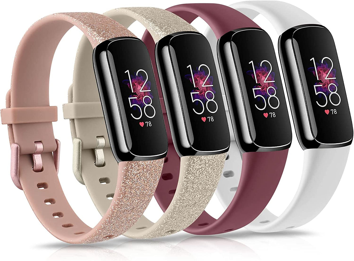 4 Pack Bands for Fitbit Luxe Bands, Soft Silicone Wristband Replacement Strap for Fitbit Luxe/Luxe Special Edition Fitness Tracker Women Men (Small, Black/Wine Red/Navy Blue/Grey)  Amzpas Shiny Rose Gold/Shiny Gold/Wine/White Small 