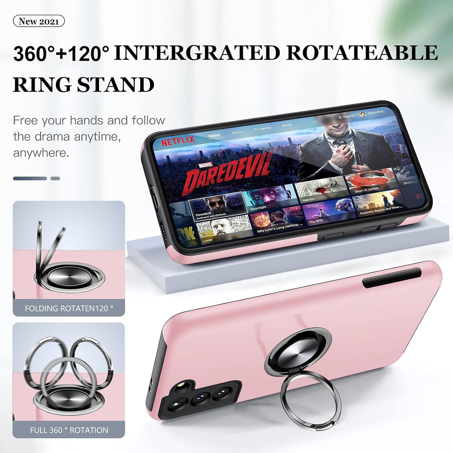 JAME Designed for Samsung Galaxy S21 Case (Not for S21 plus & S21 Ultra), Slim Tough Rugged Shockproof Protective Case with Metal Ring Kickstand for Samsung Galaxy S21 6.2 Inch, Pink  JAME   