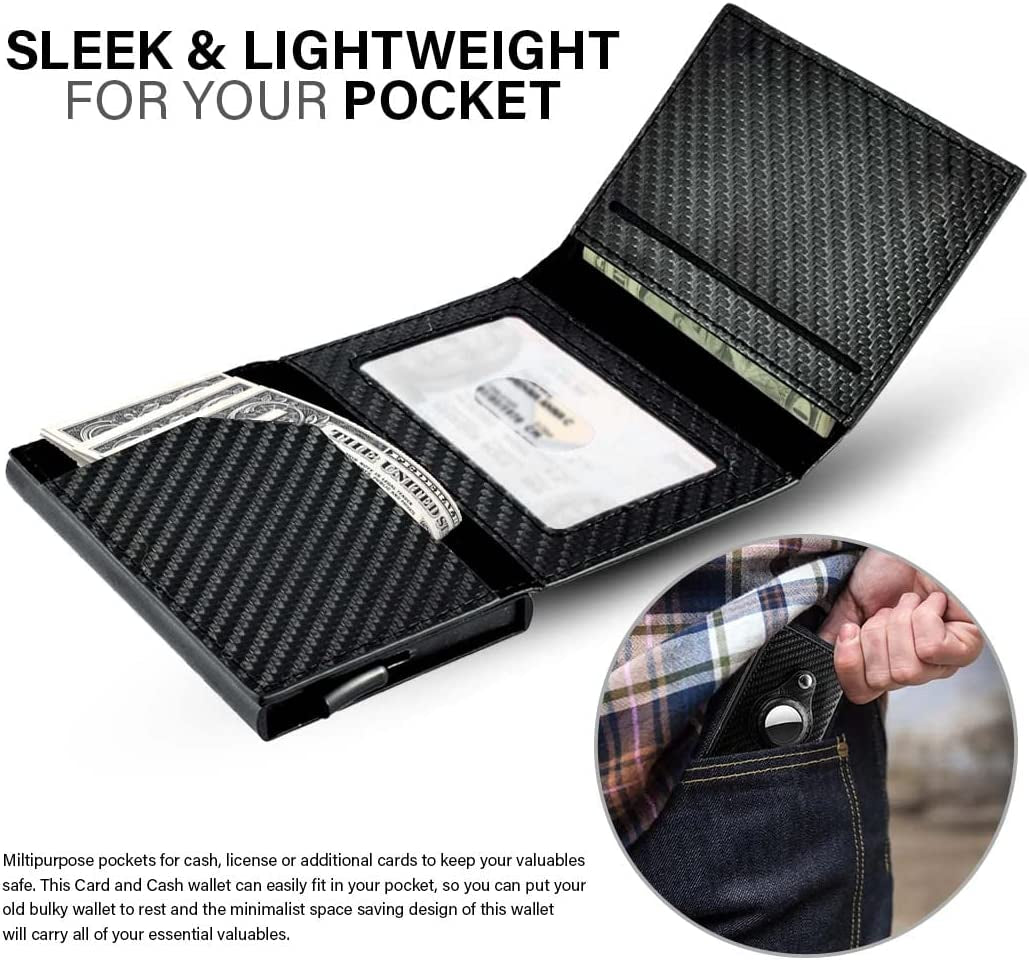 Azaera Apple Airtag Wallet Men and Pop up Credit Card Holder, Slim, Smart, Minimalist, Carbon Fiber Leather RFID Blocking with Air Black  Azaera   