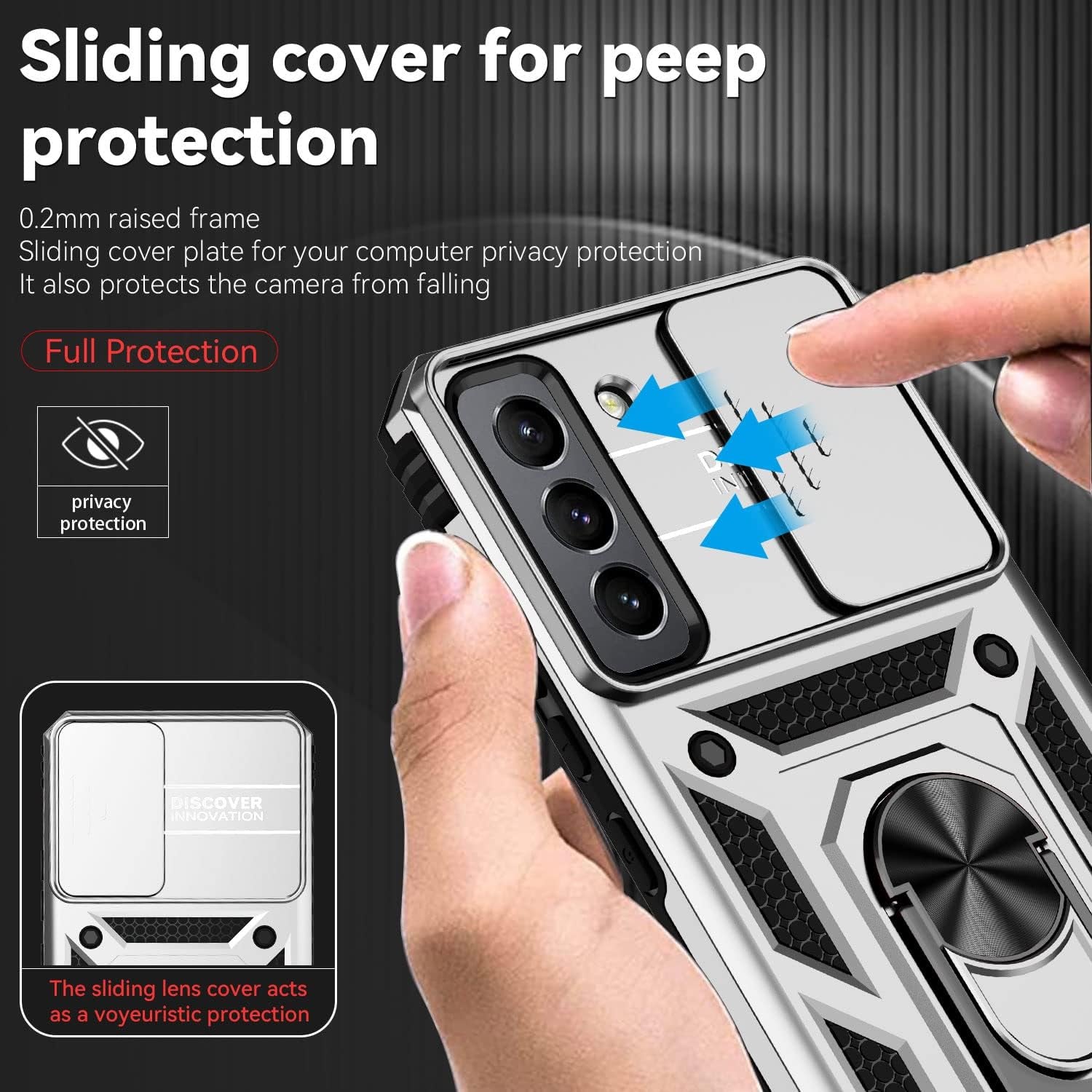 Compatible with Samsung Galaxy S22 Case with Screen Protector and Slide Camera Cover Military Grade Shockproof Heavy Duty Kickstand Bumper Car Mount Full-Body Protective for Samsung S22 Case -Silver  LEZYWONE   