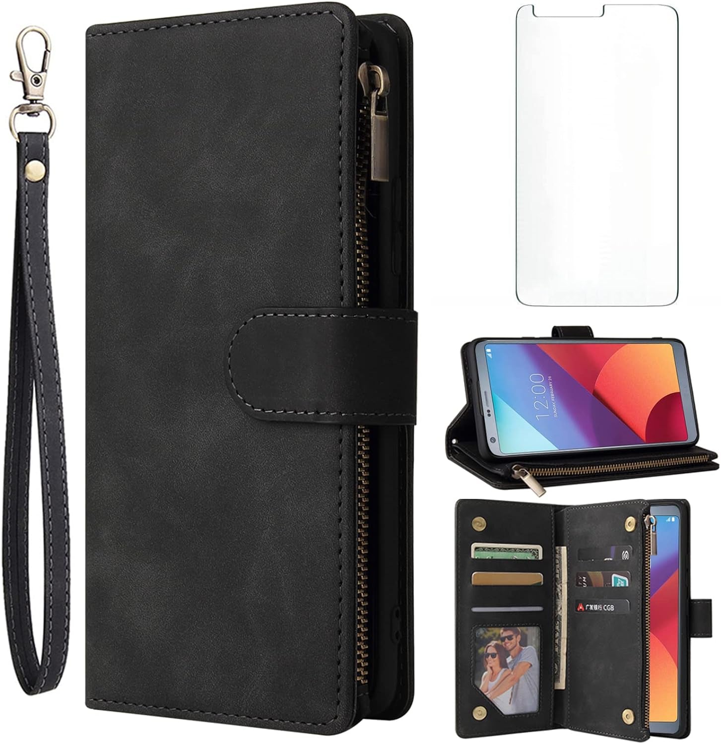 Asuwish Compatible with LG G6 Wallet Case and Tempered Glass Screen Protector Flip Cover Card Holder Stand Cell Accessories Phone Cases for LGG6 Thinq LG6 Thin Q G 6 plus G6+ 6G VS988 H872 Women Brown  Asuwish Black For Lg G6 