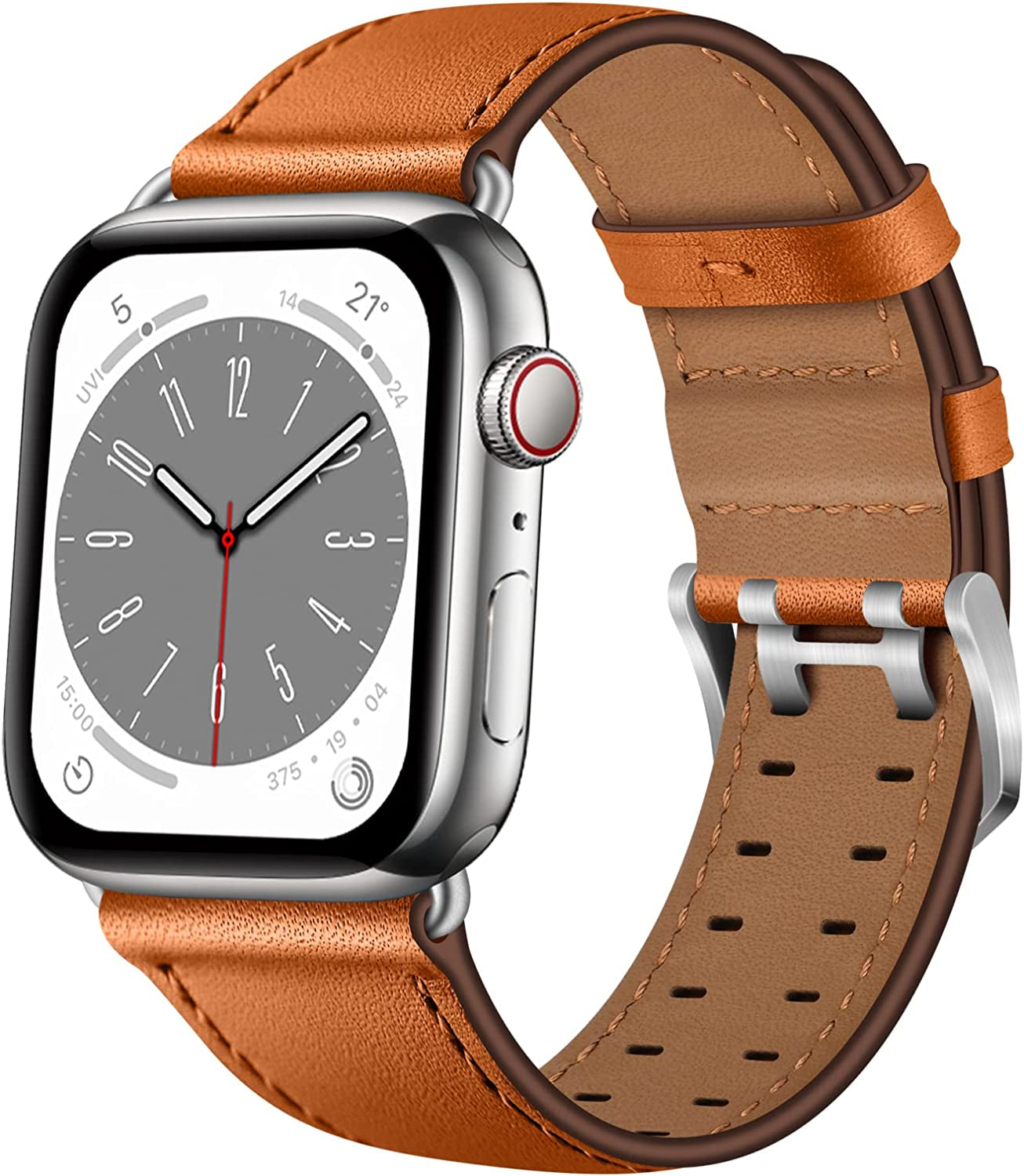 OUHENG Leather Bands Compatible with Apple Watch Band 49Mm 45Mm 44Mm 42Mm, Genuine Leather Replacement Band Strap Wristband for Iwatch Ultra Series 8 7 6 5 4 3 2 1 SE2 SE Men Women, Retro Brown/Black  OUHENG Brown/Silver 49mm/45mm/44mm/42mm 