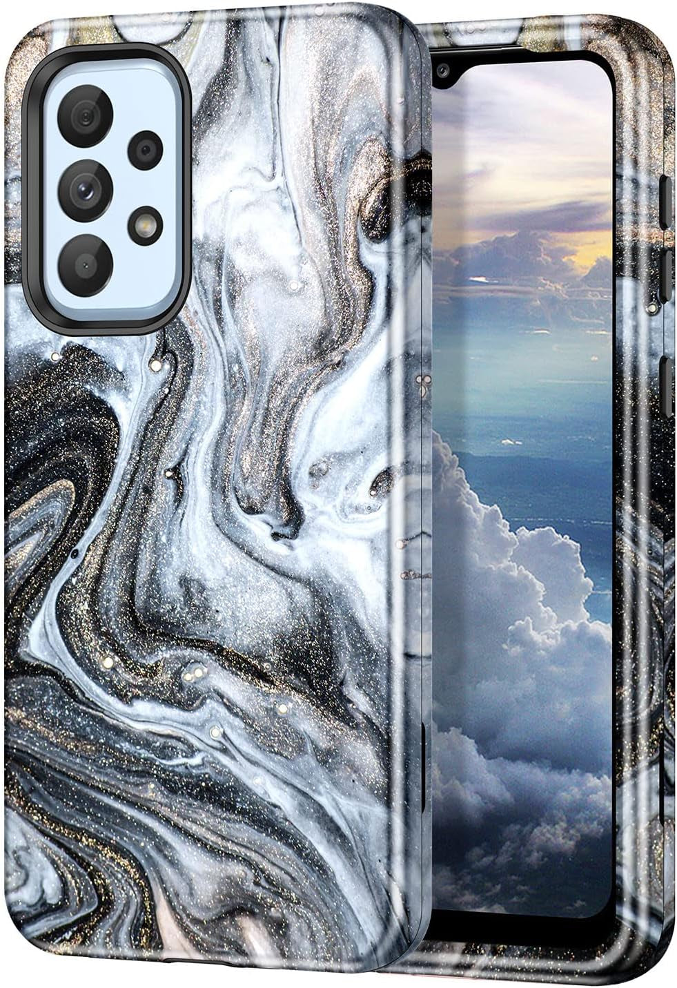 Btscase for Samsung Galaxy A53 5G Case, Marble Pattern 3 in 1 Heavy Duty Shockproof Full Body Rugged Hard Pc+Soft Silicone Drop Protective Women Girl Cover for Galaxy A53 5G,Dreamland River/Purple  Btscase Golden Sands/Black  