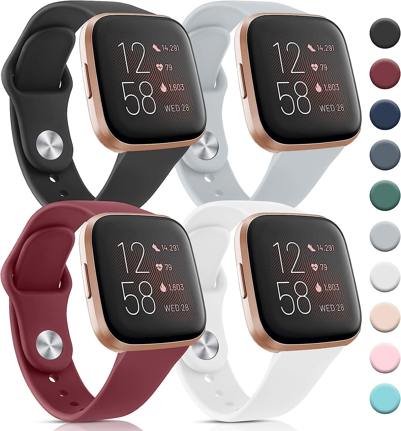 4 Pack Bands for Fitbit Versa 2 / Fitbit Versa/Fitbit Versa Se/Fitbit Versa Lite Bands for Women Men, Soft Silicone Replacement Bands for Fitbit Versa 2  Meliya E-Black/Gray/Wine Red/White  