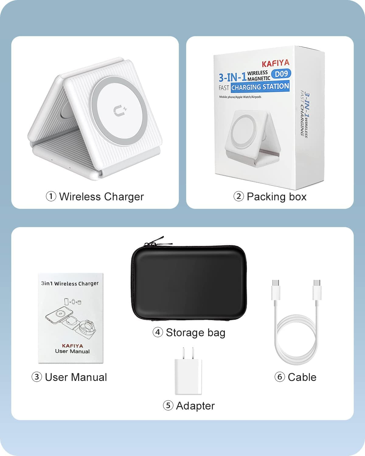 Wireless Charger,Kafiya 3 in 1 Wireless Charging Station,Foldable Travel Fast Charger Compatible for Iphone 14/Pro/Max/Plus/13/12 Series,Air_Pods 3/2/Pro,Iwatch,Samsung(Adapter Included)  KAFIYA   